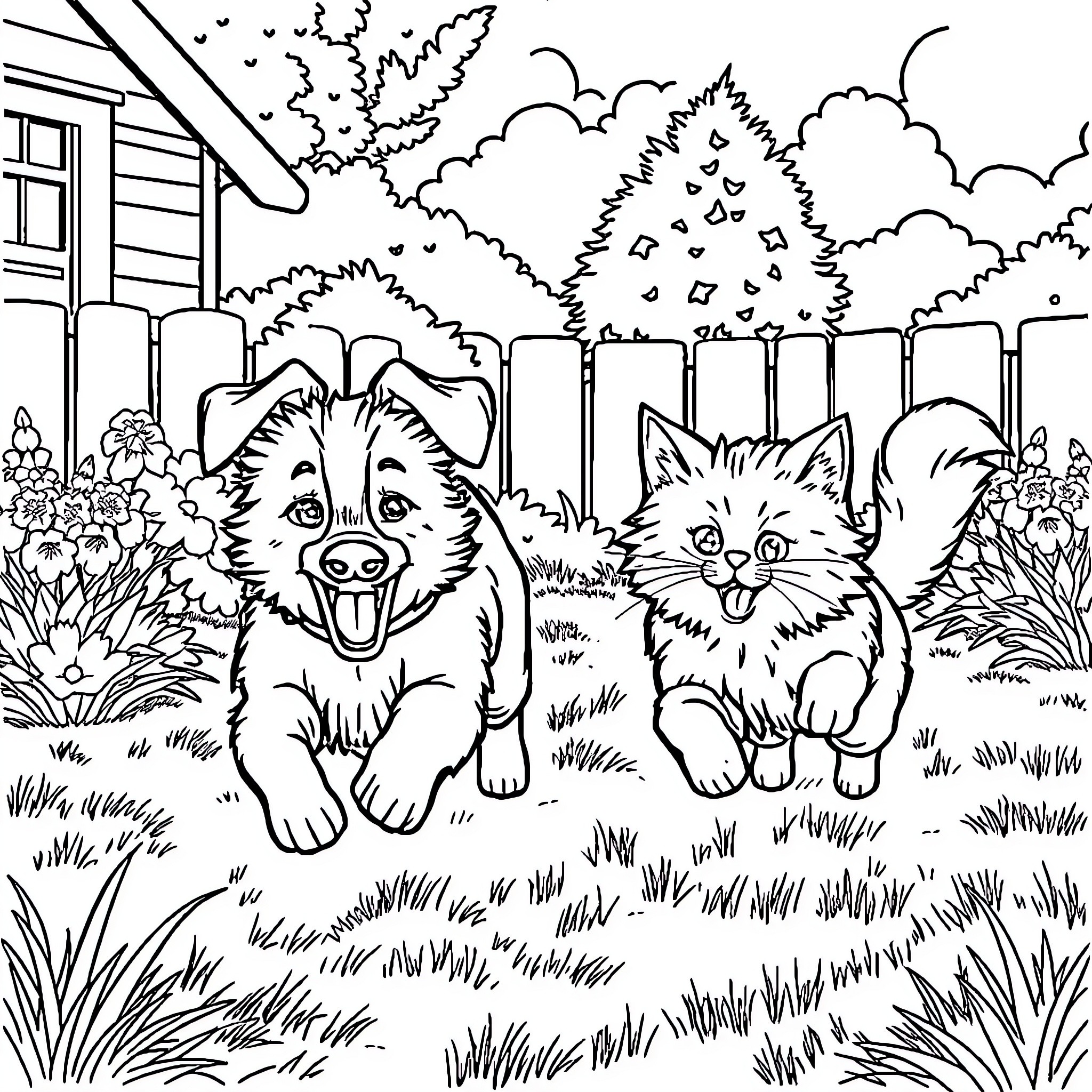 Dog and Kitten Playing in the Backyard Coloring Page (free black-and-white line drawing printable PDF for all, from beginners to advanced learners, including children, teens, adults, and seniors)