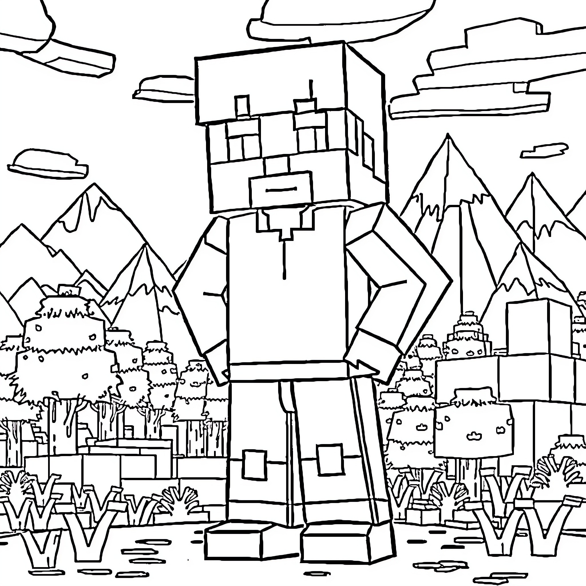 Steve exploring the vast digital landscape Coloring Page (free black-and-white line drawing printable PDF for all, from beginners to advanced learners, including children, teens, adults, and seniors)