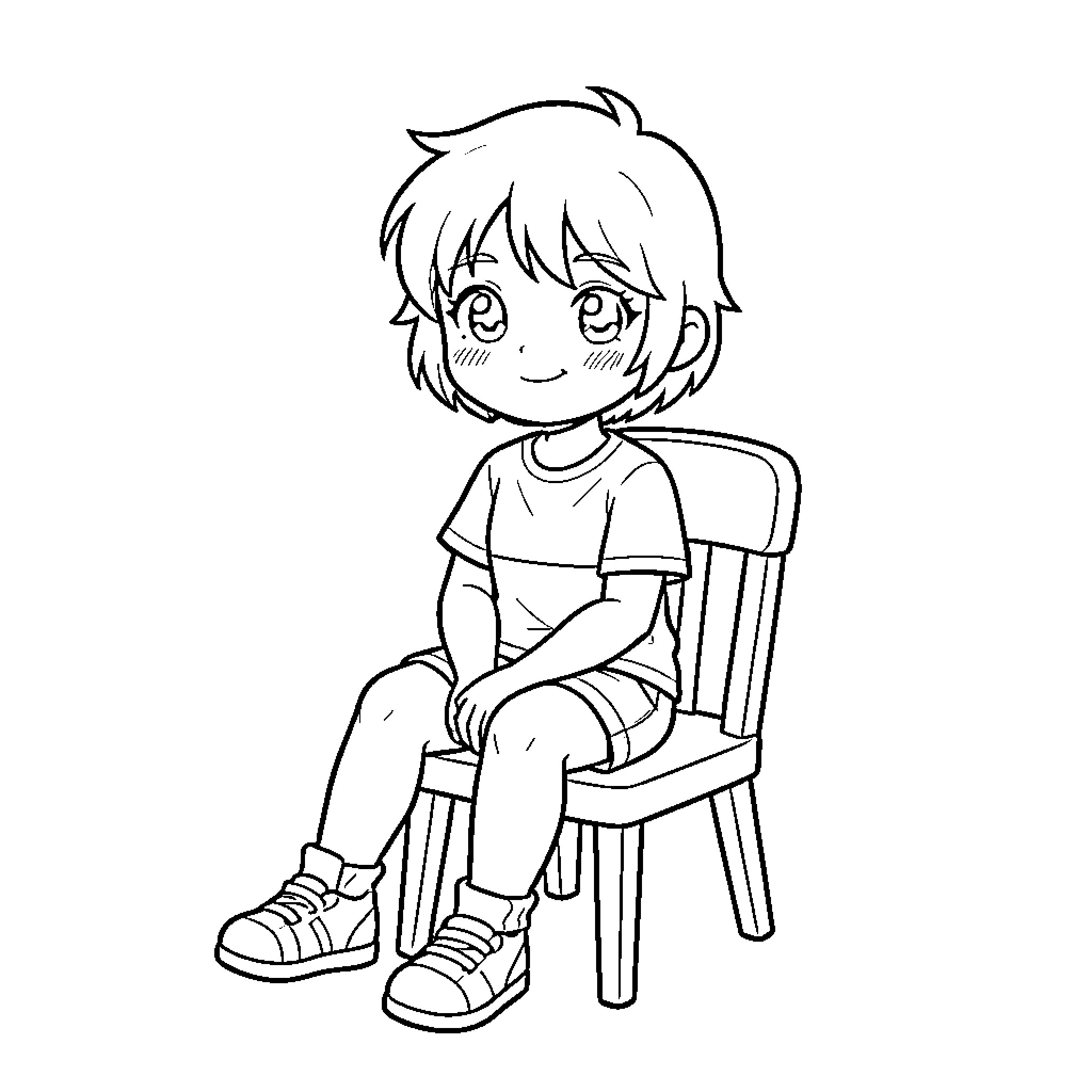 Teen sitting on a chair with a cute expression Coloring Page (free black-and-white line drawing printable PDF for all, from beginners to advanced learners, including children, teens, adults, and seniors)