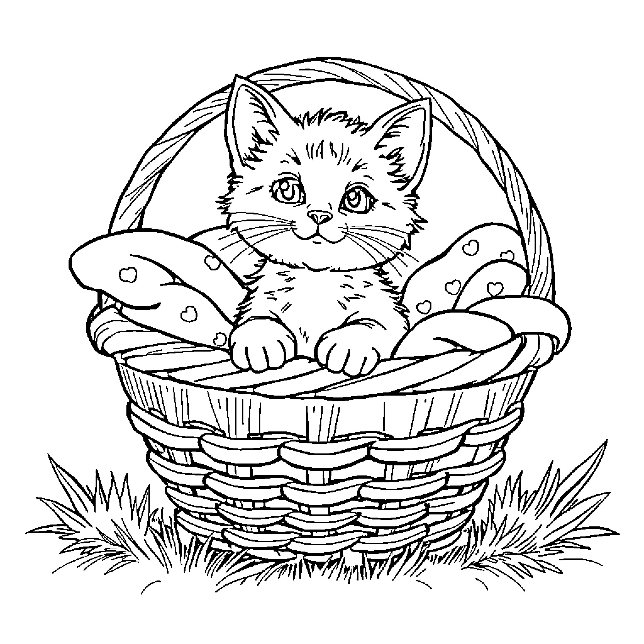 Kitty relaxing in cozy basket Coloring Page (free black-and-white line drawing printable PDF for all, from beginners to advanced learners, including children, teens, adults, and seniors)