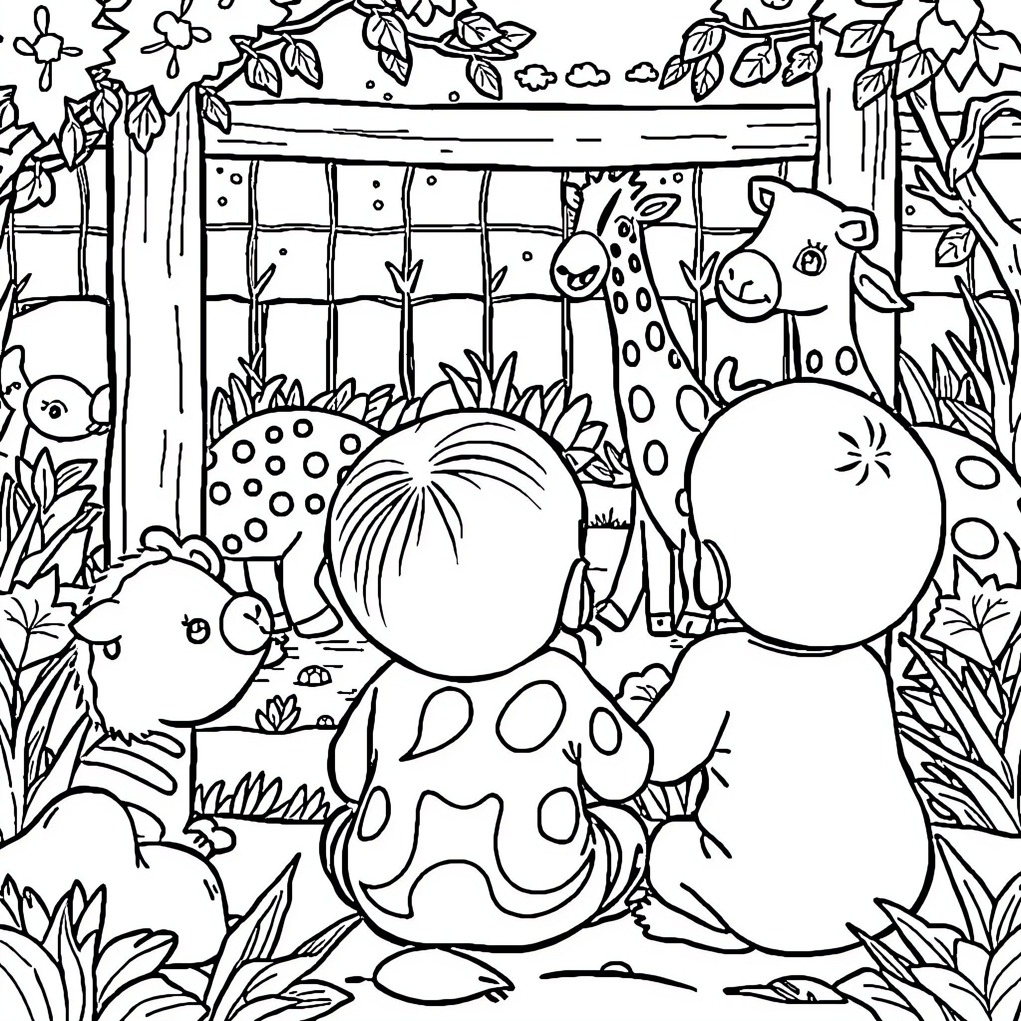 Baby animals playing in a whimsical garden Coloring Page (free black-and-white line drawing printable PDF for all, from beginners to advanced learners, including children, teens, adults, and seniors)