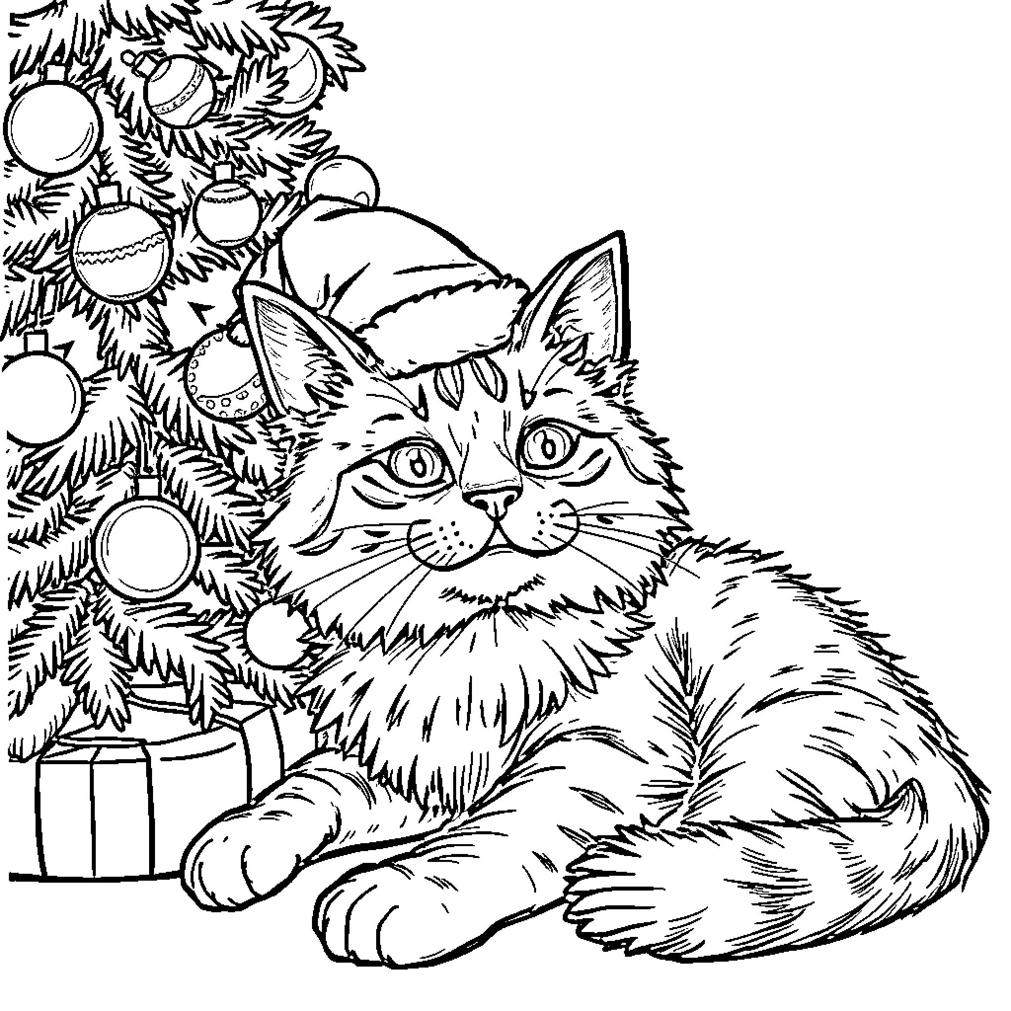 Cat relaxing near Christmas tree Coloring Page (free black-and-white line drawing printable PDF for all, from beginners to advanced learners, including children, teens, adults, and seniors)