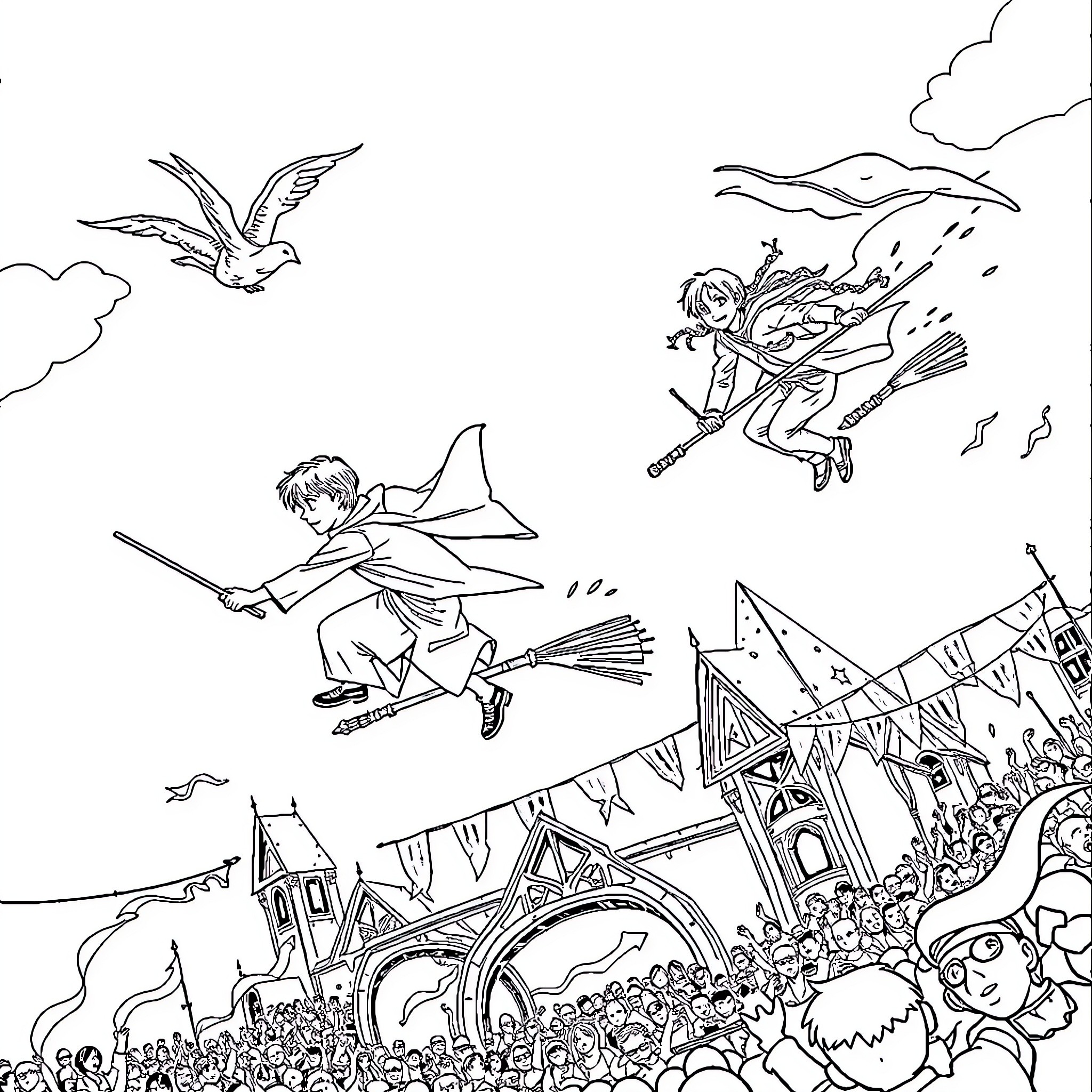 Broom-riding students soar above magical festival Coloring Page (free black-and-white line drawing printable PDF for all, from beginners to advanced learners, including children, teens, adults, and seniors)
