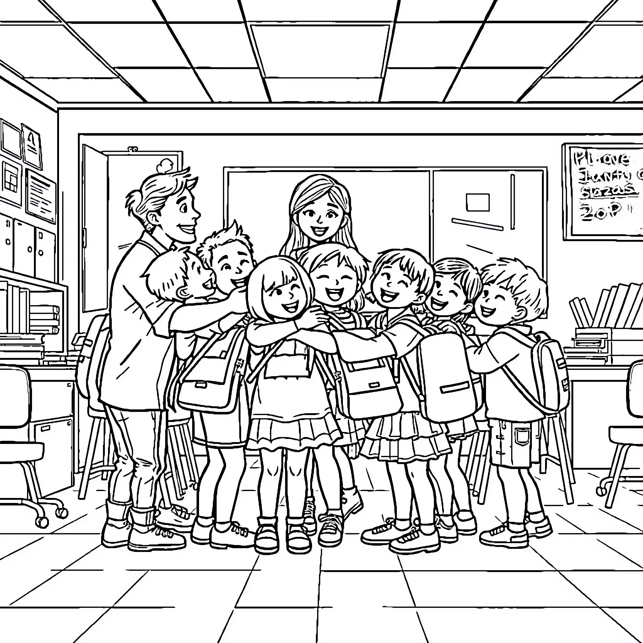 Kid Students Gathering for a Group Photo in Classroom Coloring Page (free black-and-white line drawing printable PDF for all, from beginners to advanced learners, including children, teens, adults, and seniors)