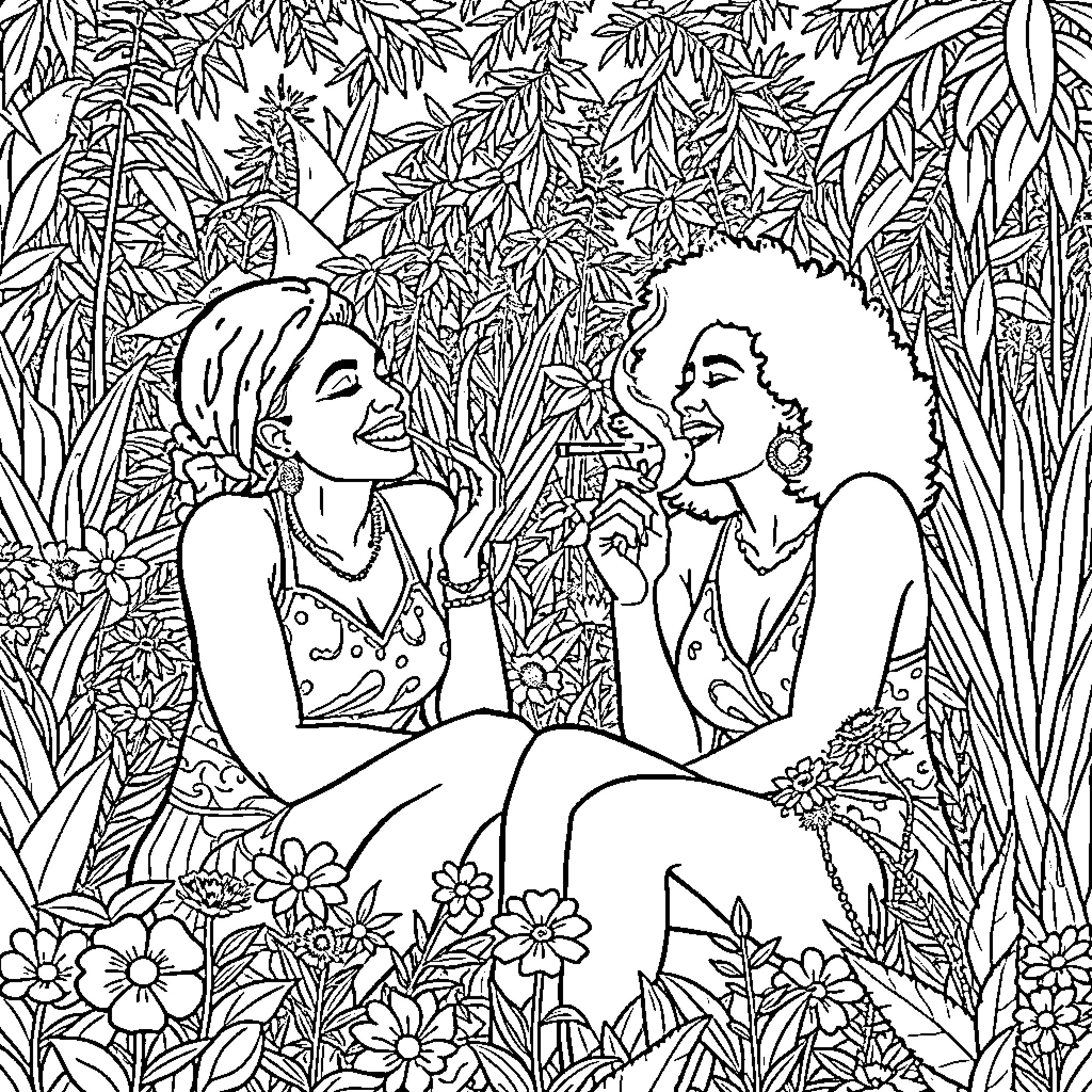 Women enjoying nature in the garden Coloring Page (free black-and-white line drawing printable PDF for all, from beginners to advanced learners, including children, teens, adults, and seniors)