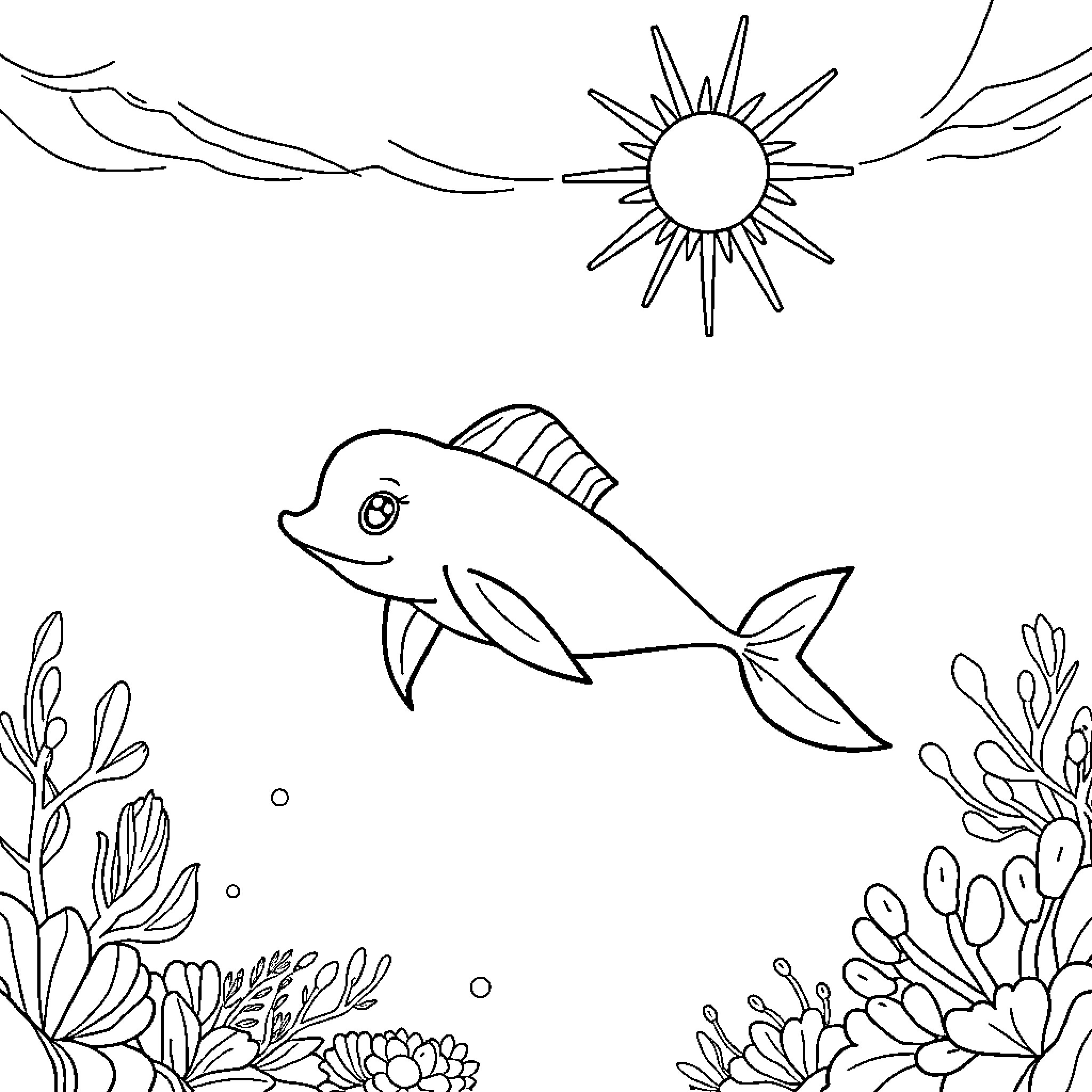 Mermaid swimming happily in the underwater scene Coloring Page (free black-and-white line drawing printable PDF for all, from beginners to advanced learners, including children, teens, adults, and seniors)