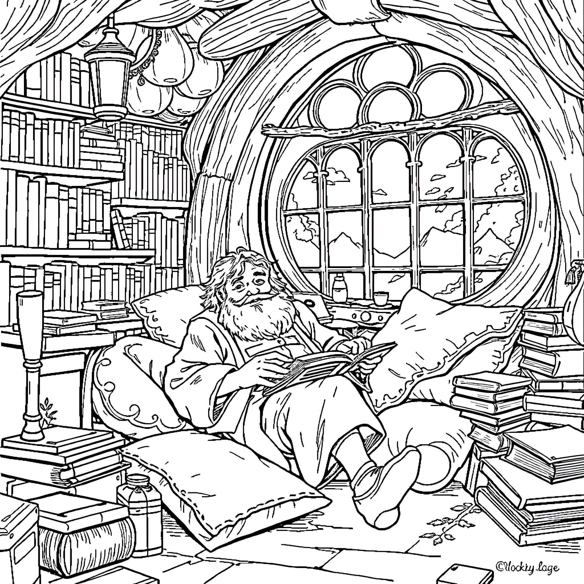 Bilbo Baggins relaxing in his cozy hobbit home Coloring Page (free black-and-white line drawing printable PDF for all, from beginners to advanced learners, including children, teens, adults, and seniors)