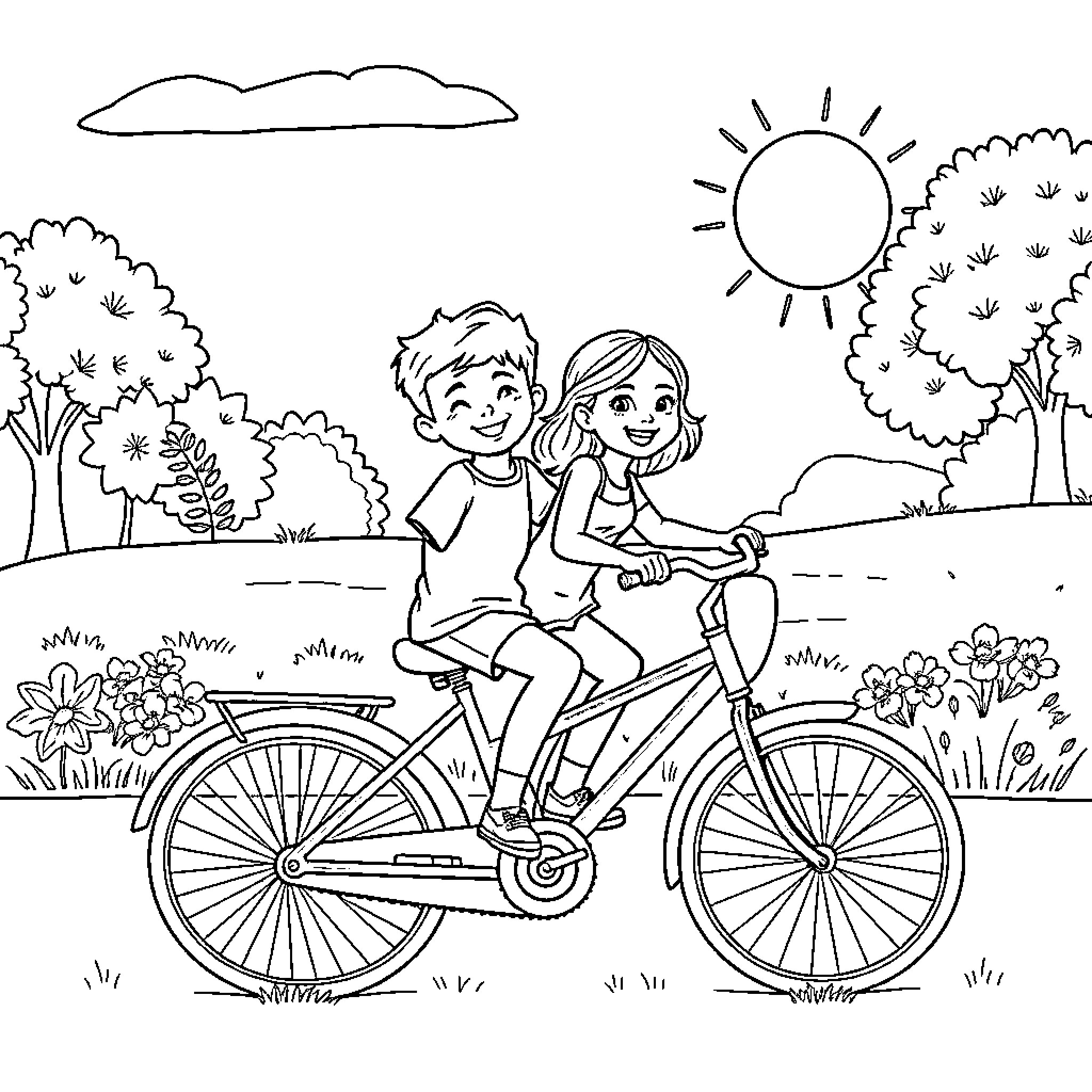 Twin siblings riding a bicycle in a scenic park Coloring Page (free black-and-white line drawing printable PDF for all, from beginners to advanced learners, including children, teens, adults, and seniors)