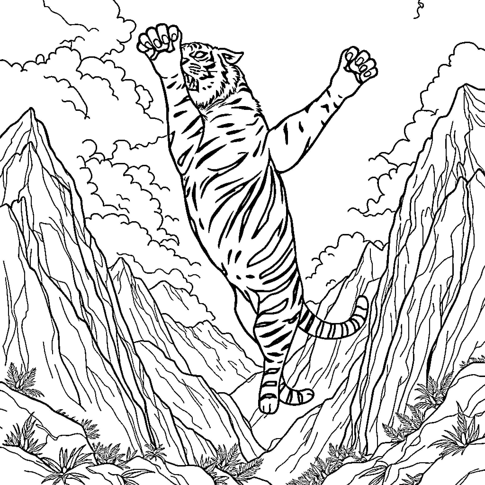 Tiger leaping powerfully through the mountains Coloring Page (free black-and-white line drawing printable PDF for all, from beginners to advanced learners, including children, teens, adults, and seniors)