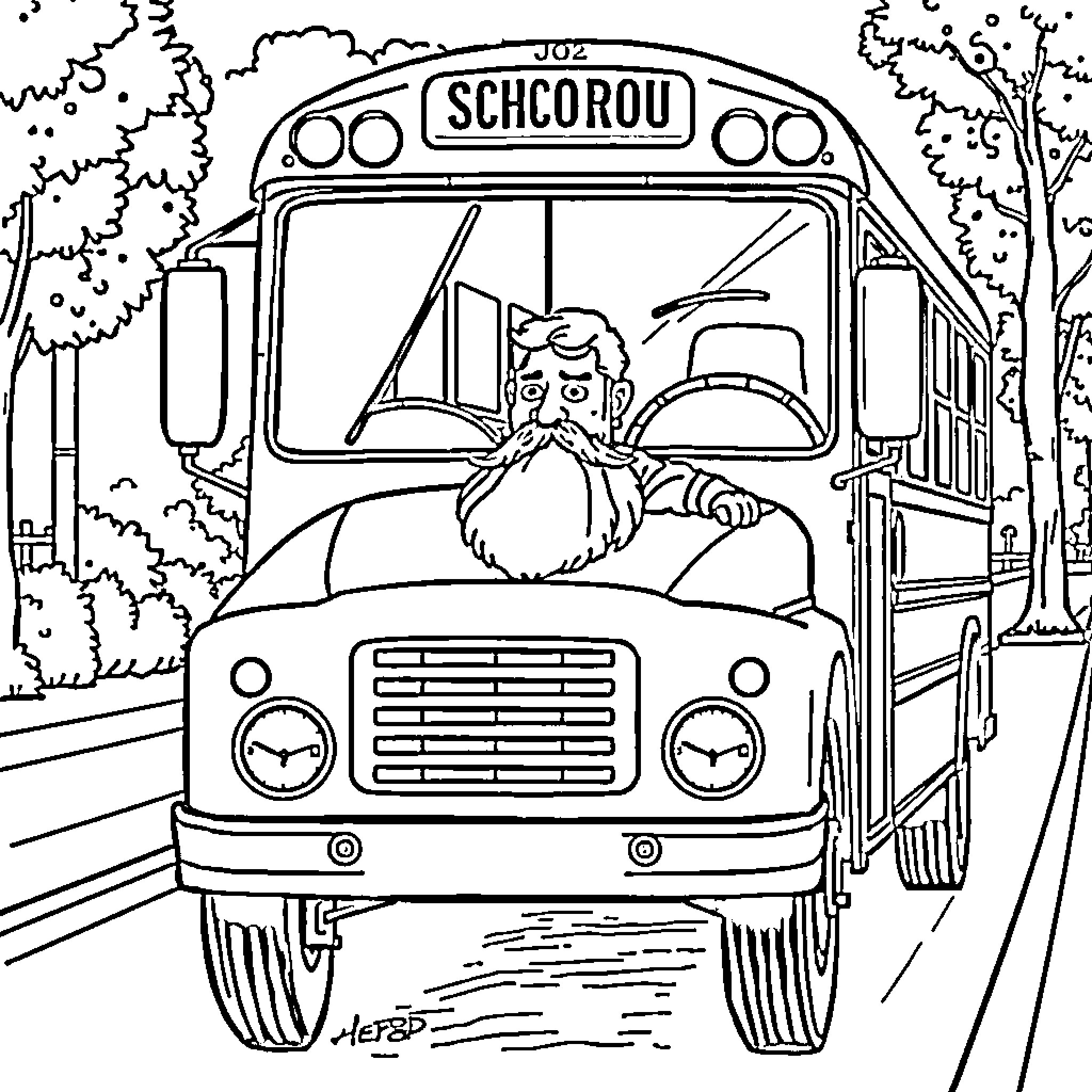 Bus Driver Operating Schicrou School Bus Coloring Page (free black-and-white line drawing printable PDF for all, from beginners to advanced learners, including children, teens, adults, and seniors)