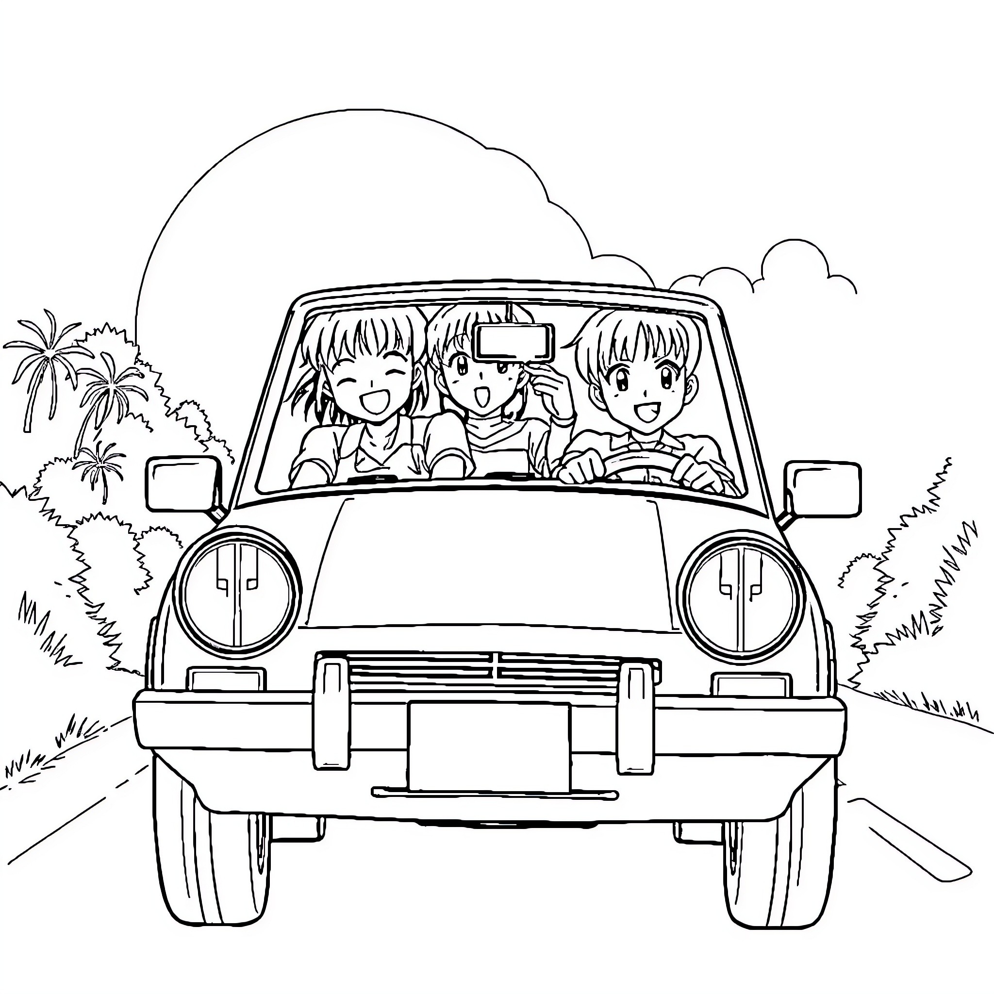 Ranma and friends joyfully driving in a car Coloring Page (free black-and-white line drawing printable PDF for all, from beginners to advanced learners, including children, teens, adults, and seniors)