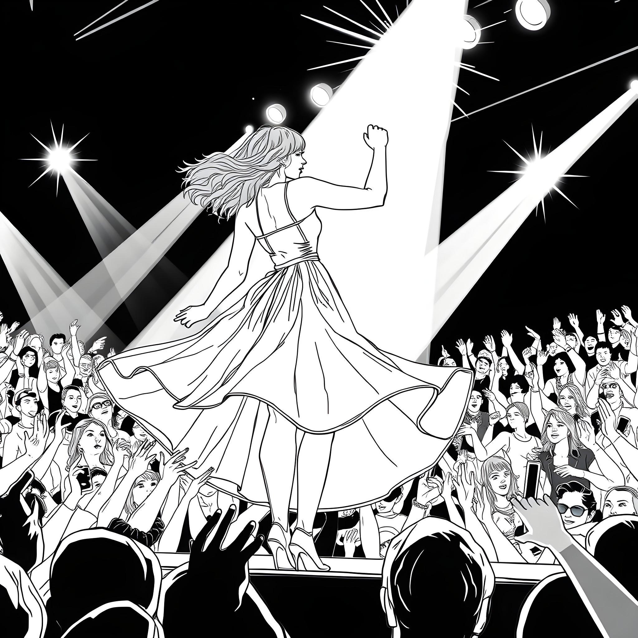Taylor Swift captivating audience on stage Coloring Page (free black-and-white line drawing printable PDF for all, from beginners to advanced learners, including children, teens, adults, and seniors)