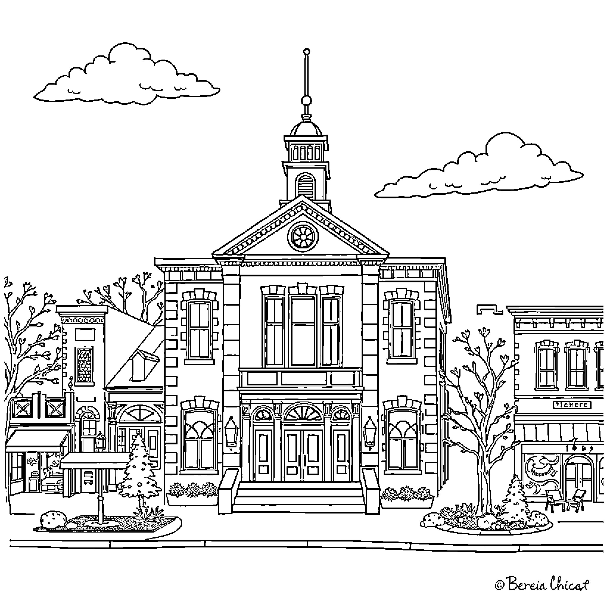 Berea's Historic Downtown Architectural Charm Coloring Page (free black-and-white line drawing printable PDF for all, from beginners to advanced learners, including children, teens, adults, and seniors)