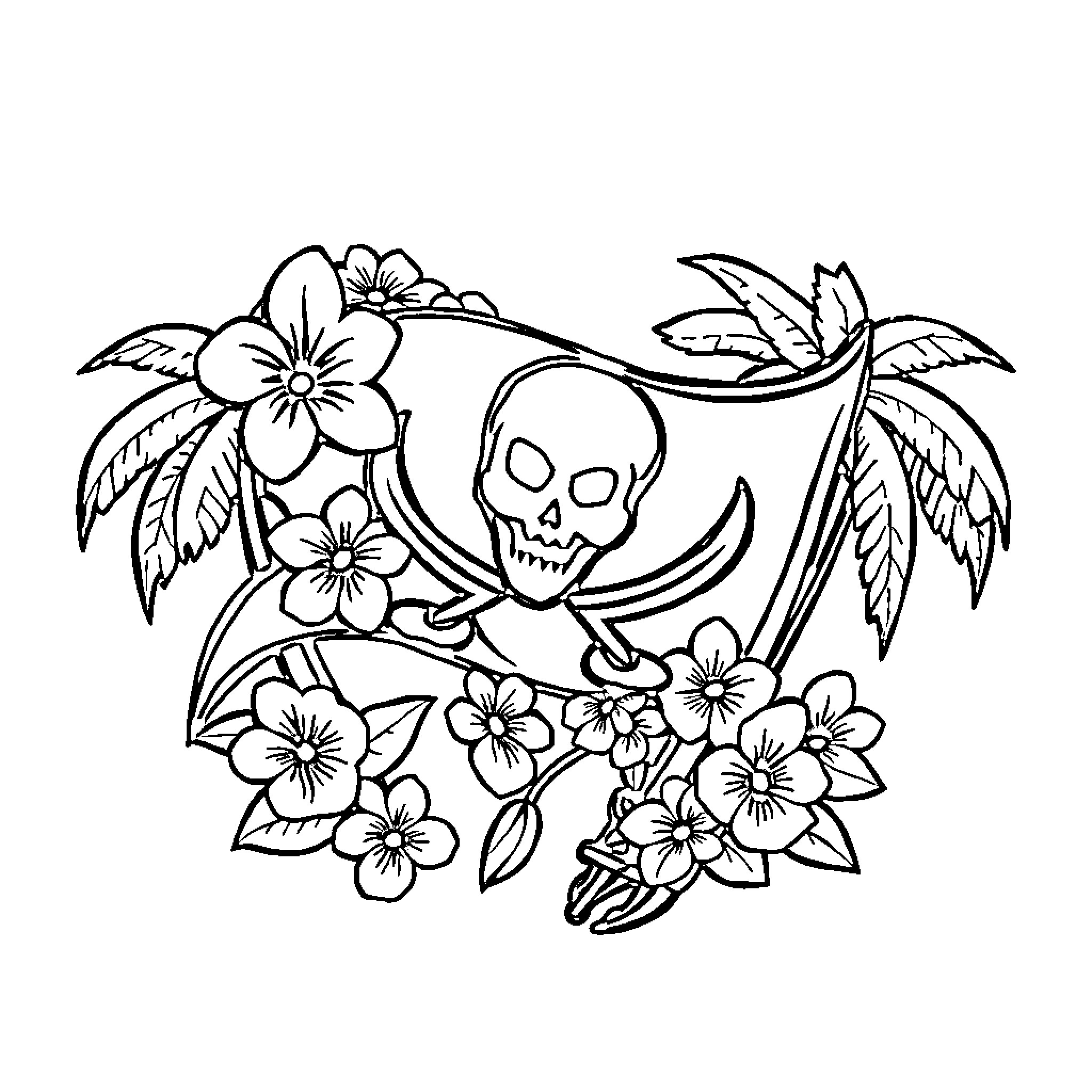 Buccaneers amid tropical flowers and palms Coloring Page (free black-and-white line drawing printable PDF for all, from beginners to advanced learners, including children, teens, adults, and seniors)