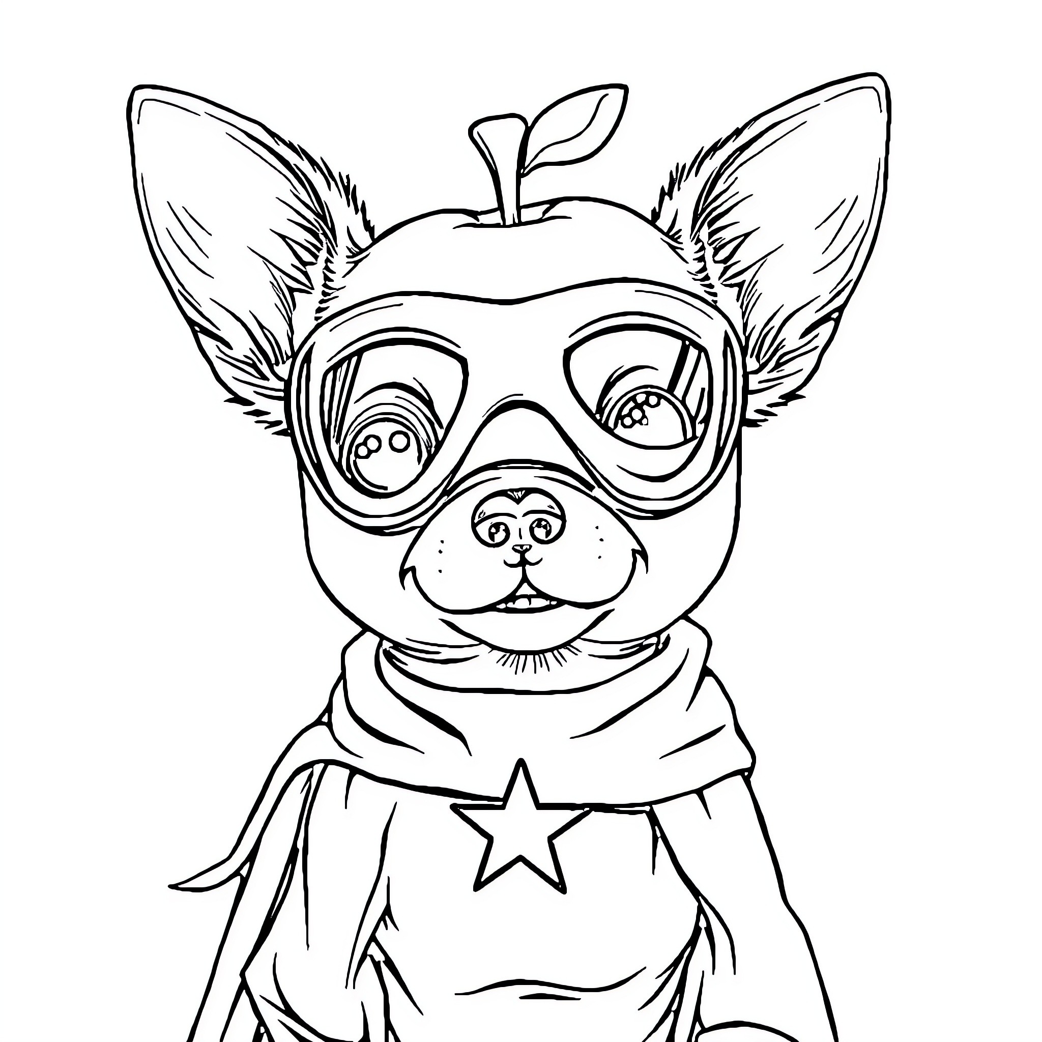 Chihuahua dressed as a superhero Coloring Page (free black-and-white line drawing printable PDF for all, from beginners to advanced learners, including children, teens, adults, and seniors)