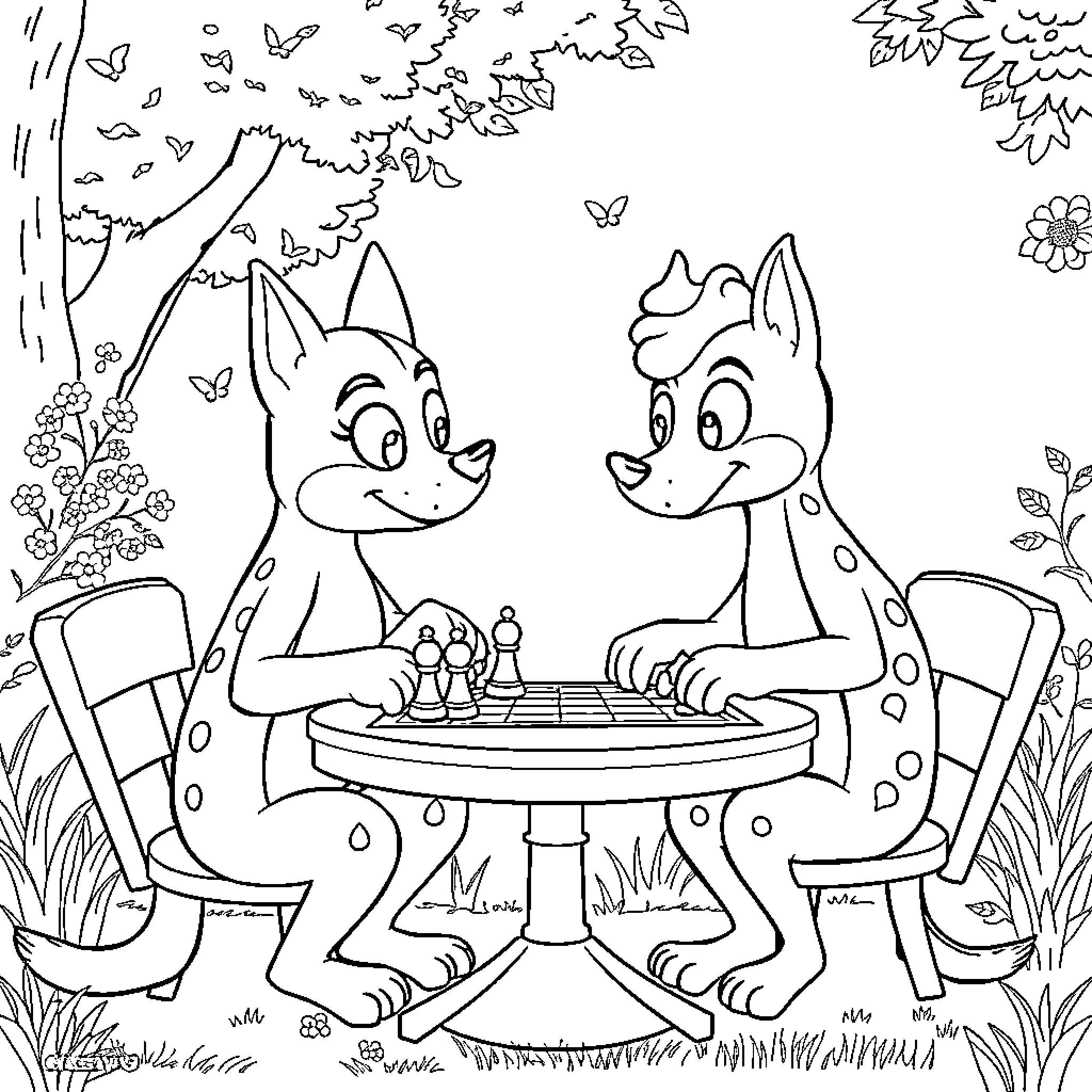 Bluey and Friends Playing Chess Outdoors Coloring Page (free black-and-white line drawing printable PDF for all, from beginners to advanced learners, including children, teens, adults, and seniors)