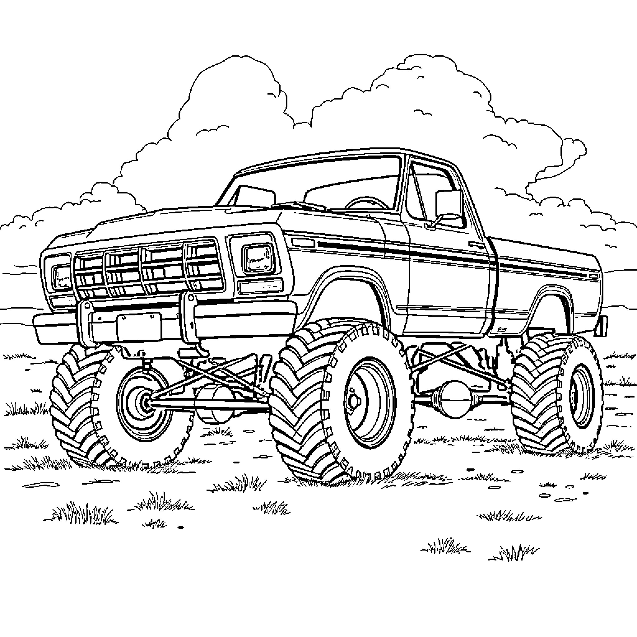 Ford F350 Monster Truck in Rugged Terrain Coloring Page (free black-and-white line drawing printable PDF for all, from beginners to advanced learners, including children, teens, adults, and seniors)