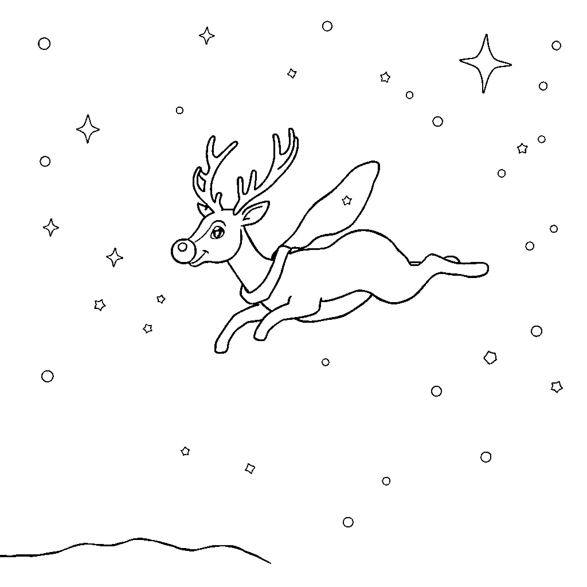 Rudolph's Starry Night Flight Coloring Page (free black-and-white line drawing printable PDF for all, from beginners to advanced learners, including children, teens, adults, and seniors)