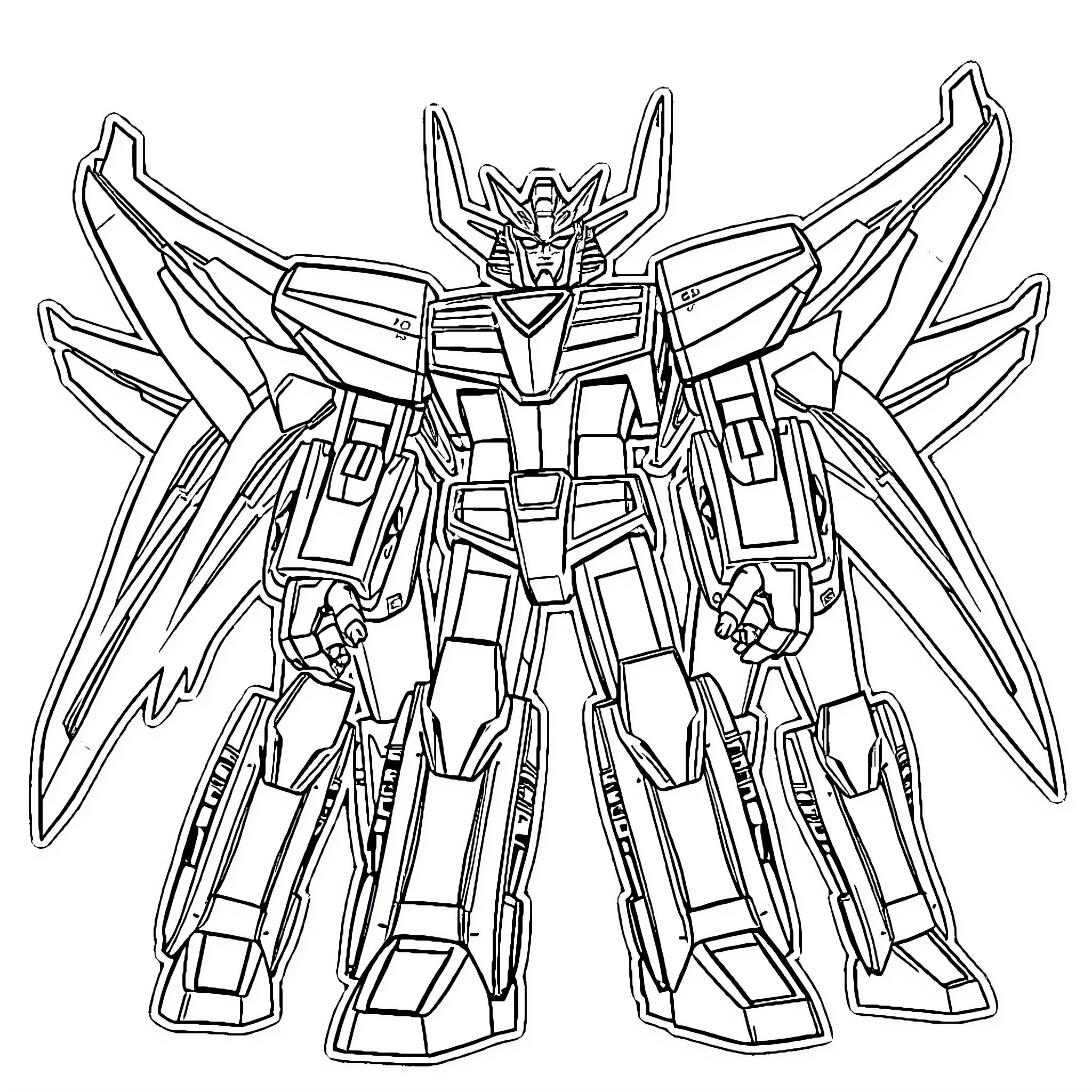 Voltron Mech Warrior in Heroic Pose Coloring Page (free black-and-white line drawing printable PDF for all, from beginners to advanced learners, including children, teens, adults, and seniors)