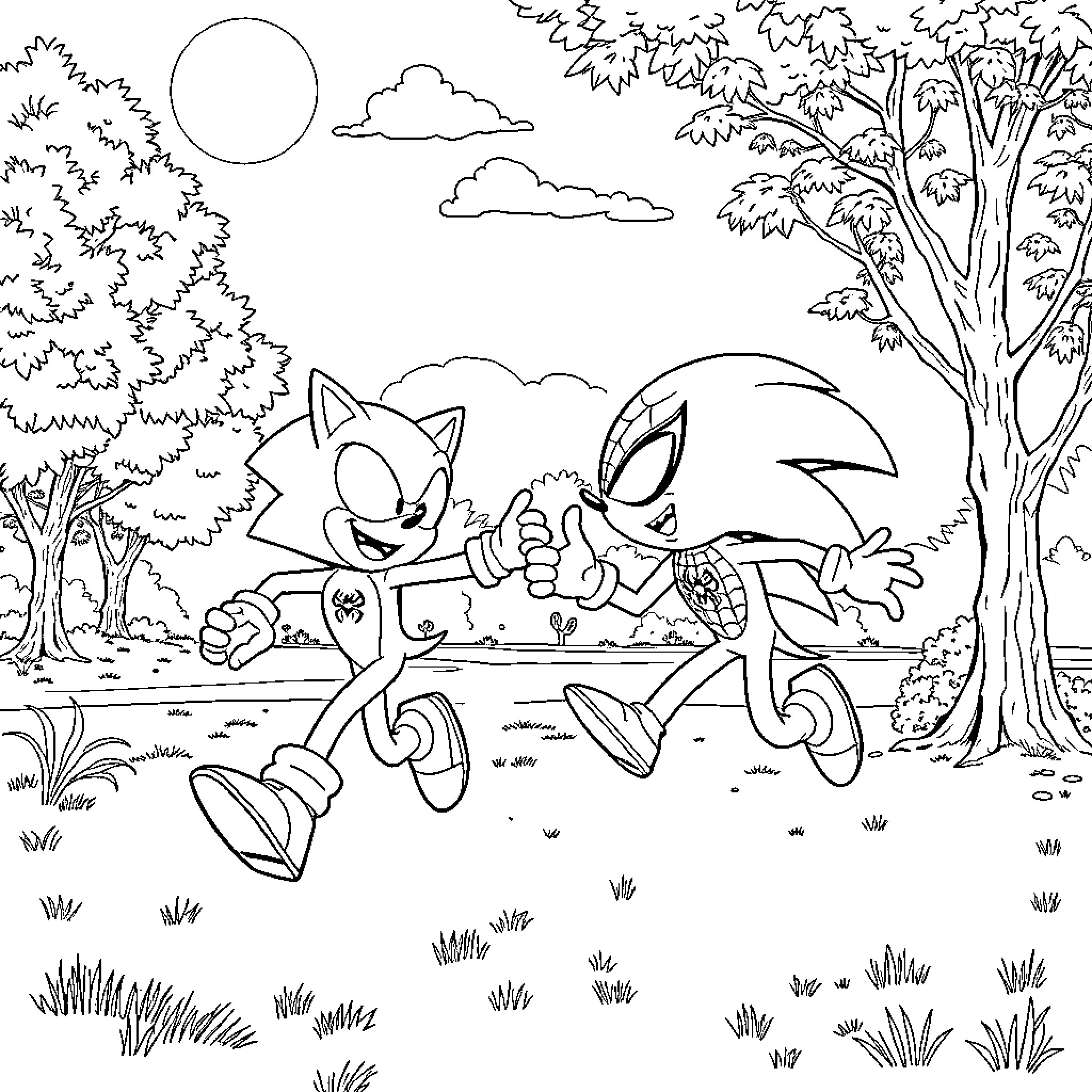 Sonic and friend enjoy nature adventure Coloring Page (free black-and-white line drawing printable PDF for all, from beginners to advanced learners, including children, teens, adults, and seniors)