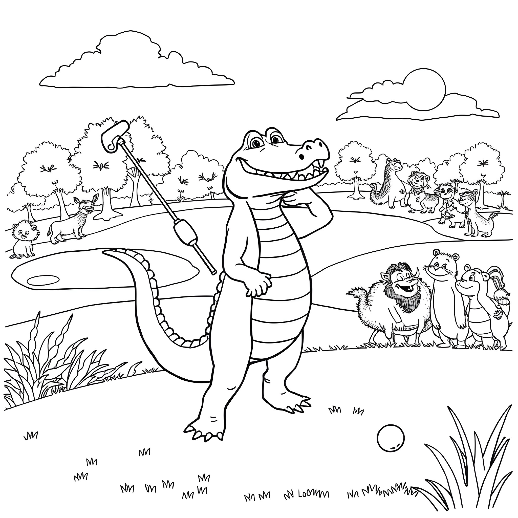 Alligator playing golf with animal friends in the park Coloring Page (free black-and-white line drawing printable PDF for all, from beginners to advanced learners, including children, teens, adults, and seniors)