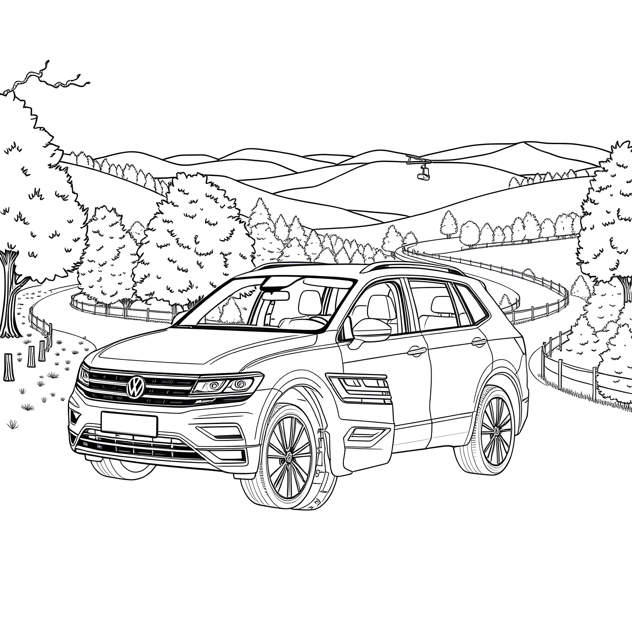 Tiguan SUV driving through picturesque countryside Coloring Page (free black-and-white line drawing printable PDF for all, from beginners to advanced learners, including children, teens, adults, and seniors)