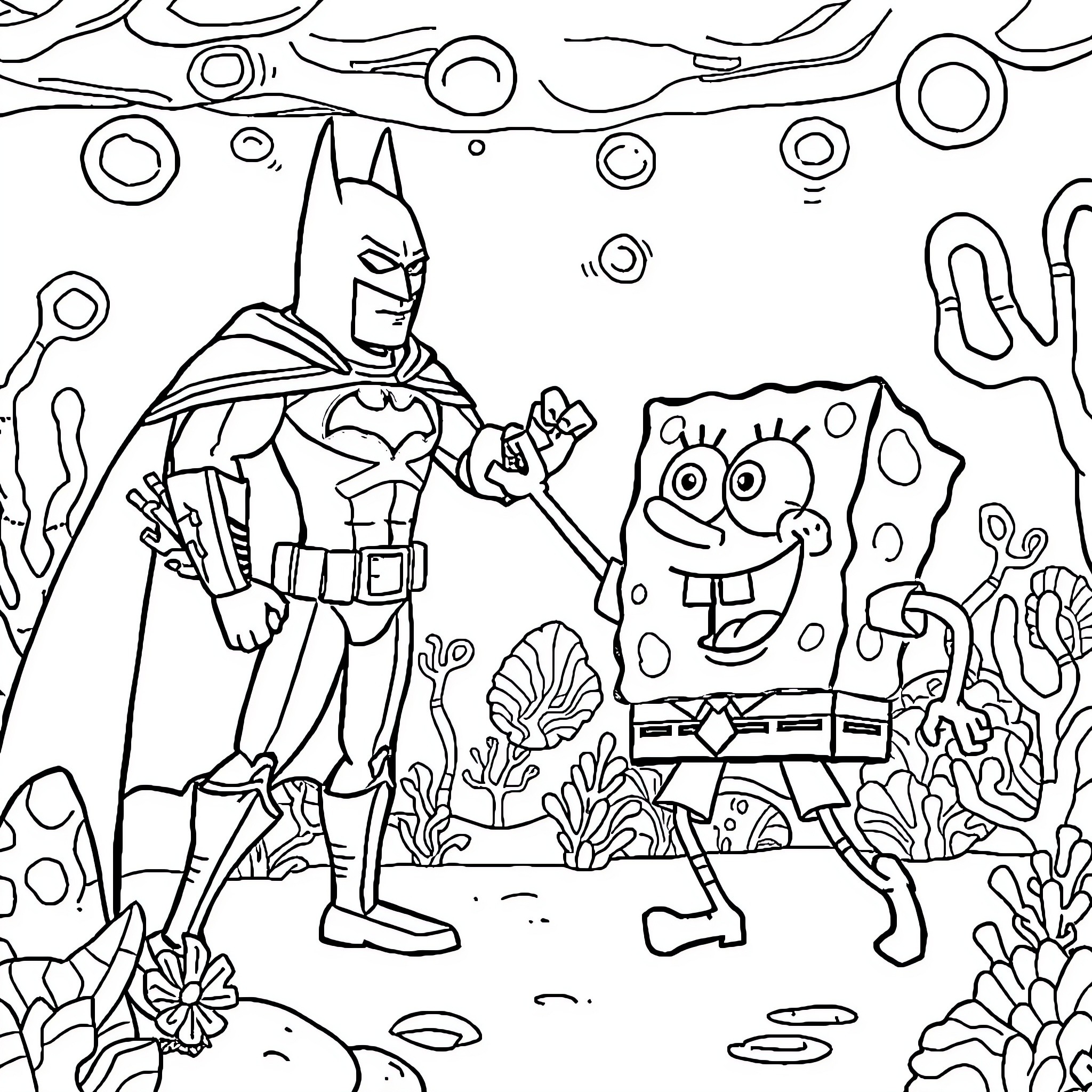 Spongebob and Batman in an underwater adventure Coloring Page (free black-and-white line drawing printable PDF for all, from beginners to advanced learners, including children, teens, adults, and seniors)