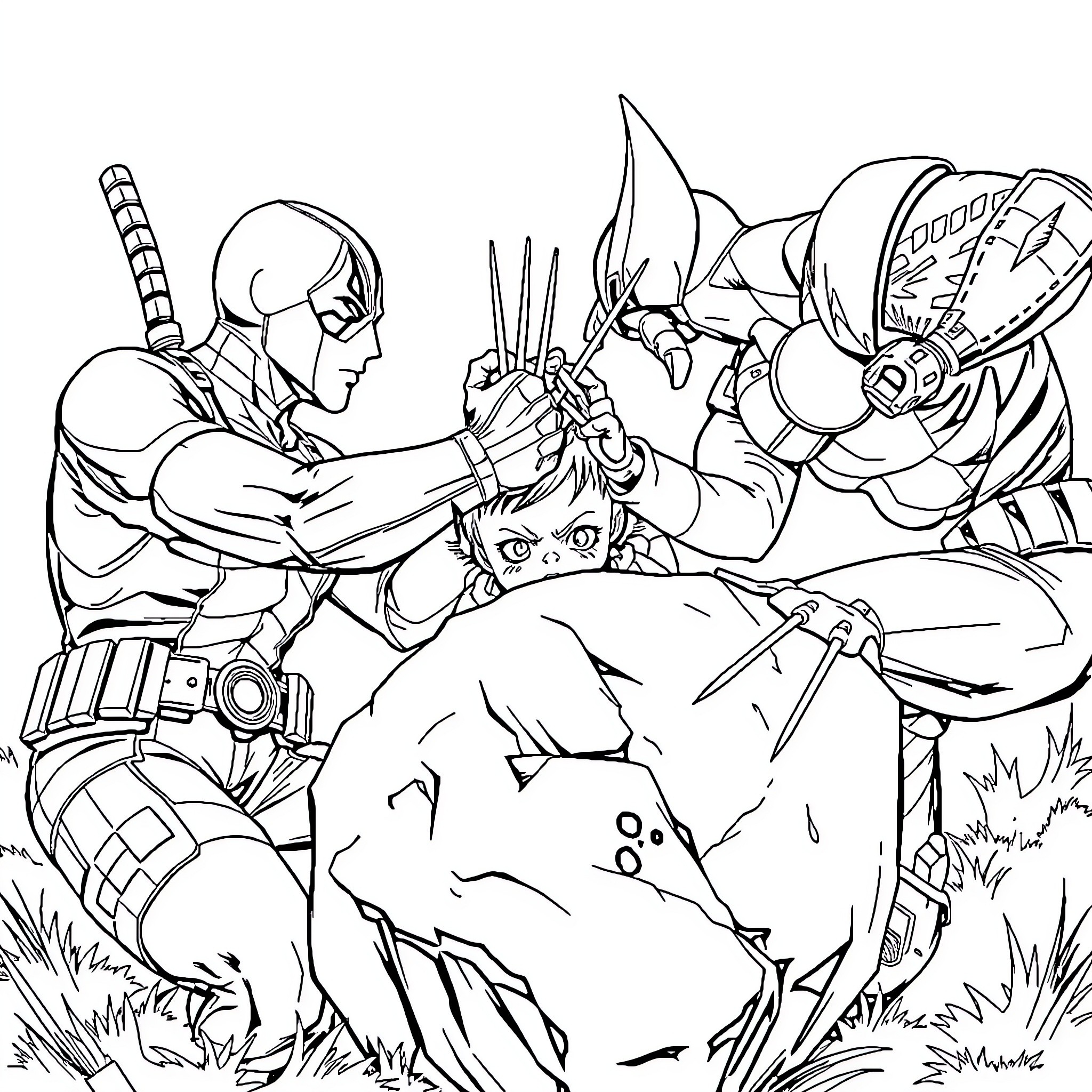 Deadpool facing off against a monstrous foe in battle Coloring Page (free black-and-white line drawing printable PDF for all, from beginners to advanced learners, including children, teens, adults, and seniors)