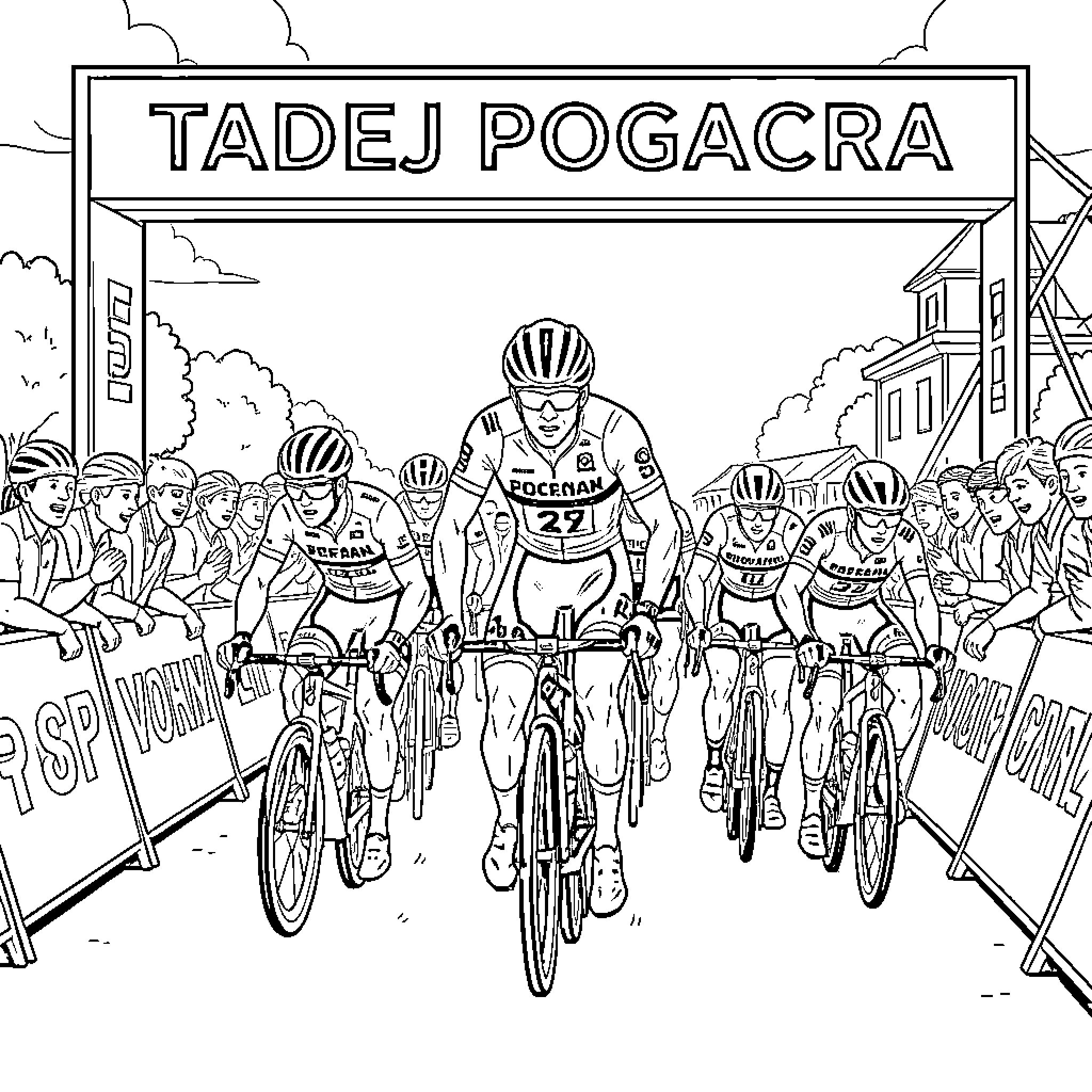Tadej Pogacar leading a group of cyclists in a race Coloring Page (free black-and-white line drawing printable PDF for all, from beginners to advanced learners, including children, teens, adults, and seniors)