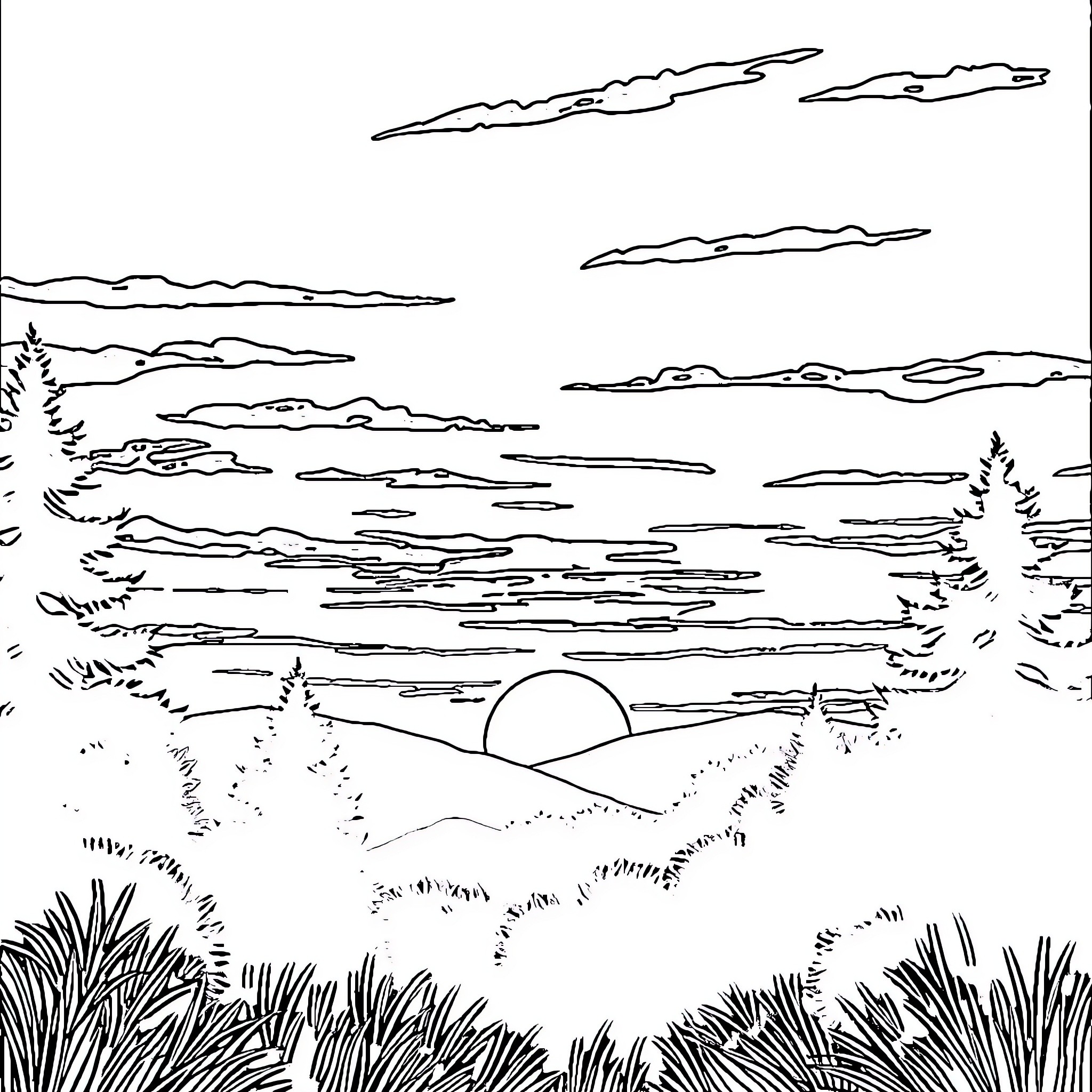 Twilight landscape with scenic sunset Coloring Page (free black-and-white line drawing printable PDF for all, from beginners to advanced learners, including children, teens, adults, and seniors)
