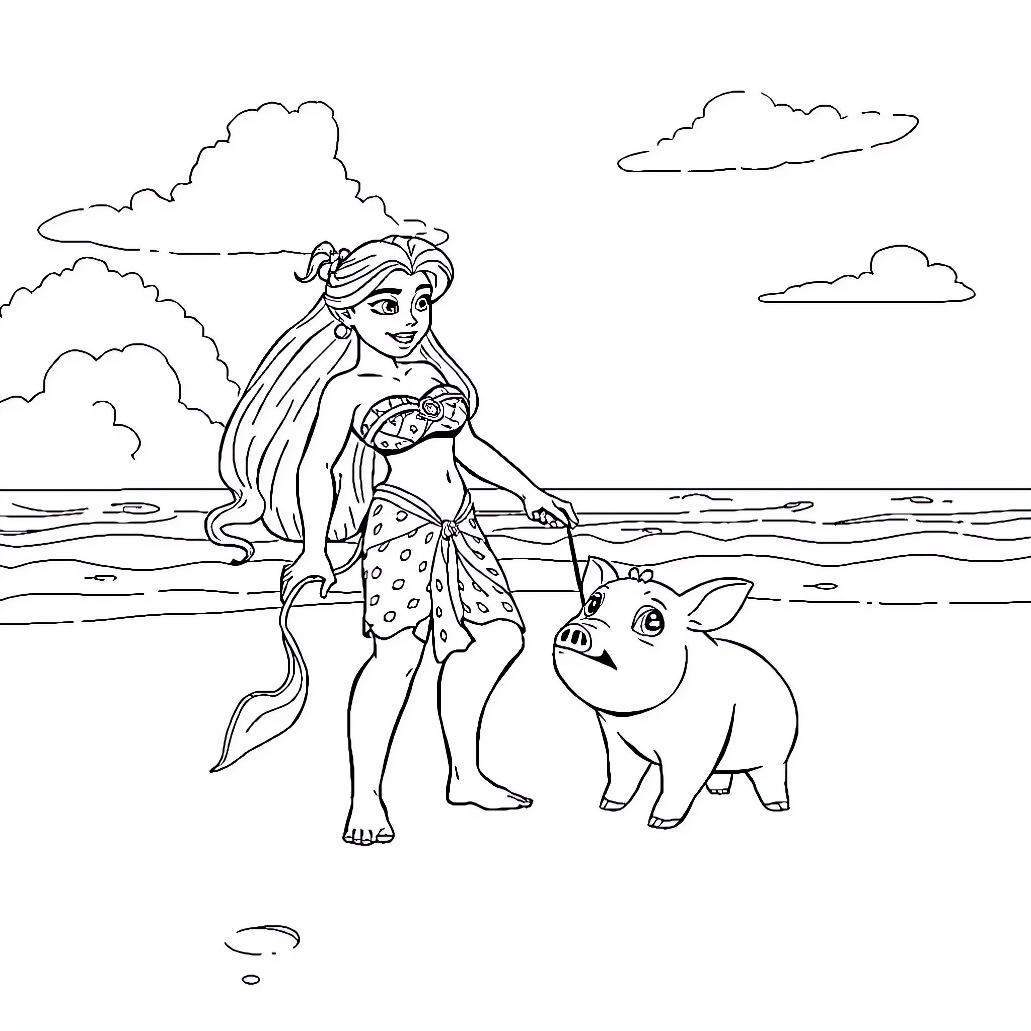 Vaiana's Tropical Adventure with Pua the Pig Coloring Page (free black-and-white line drawing printable PDF for all, from beginners to advanced learners, including children, teens, adults, and seniors)