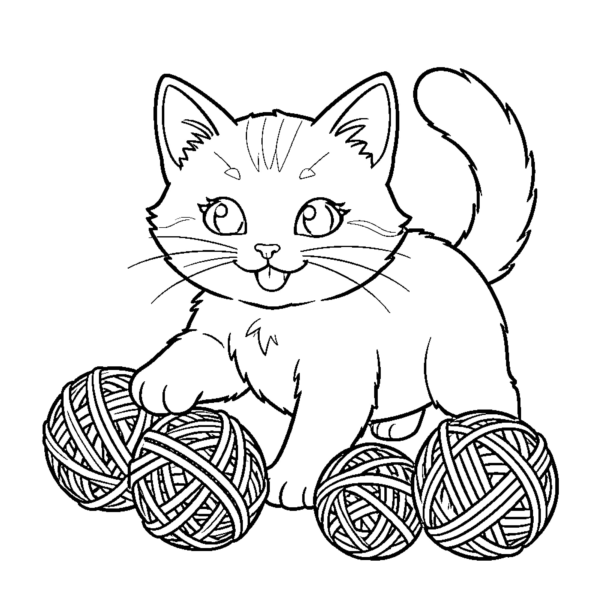 Kitty Playing with Yarn Balls Coloring Page (free black-and-white line drawing printable PDF for all, from beginners to advanced learners, including children, teens, adults, and seniors)