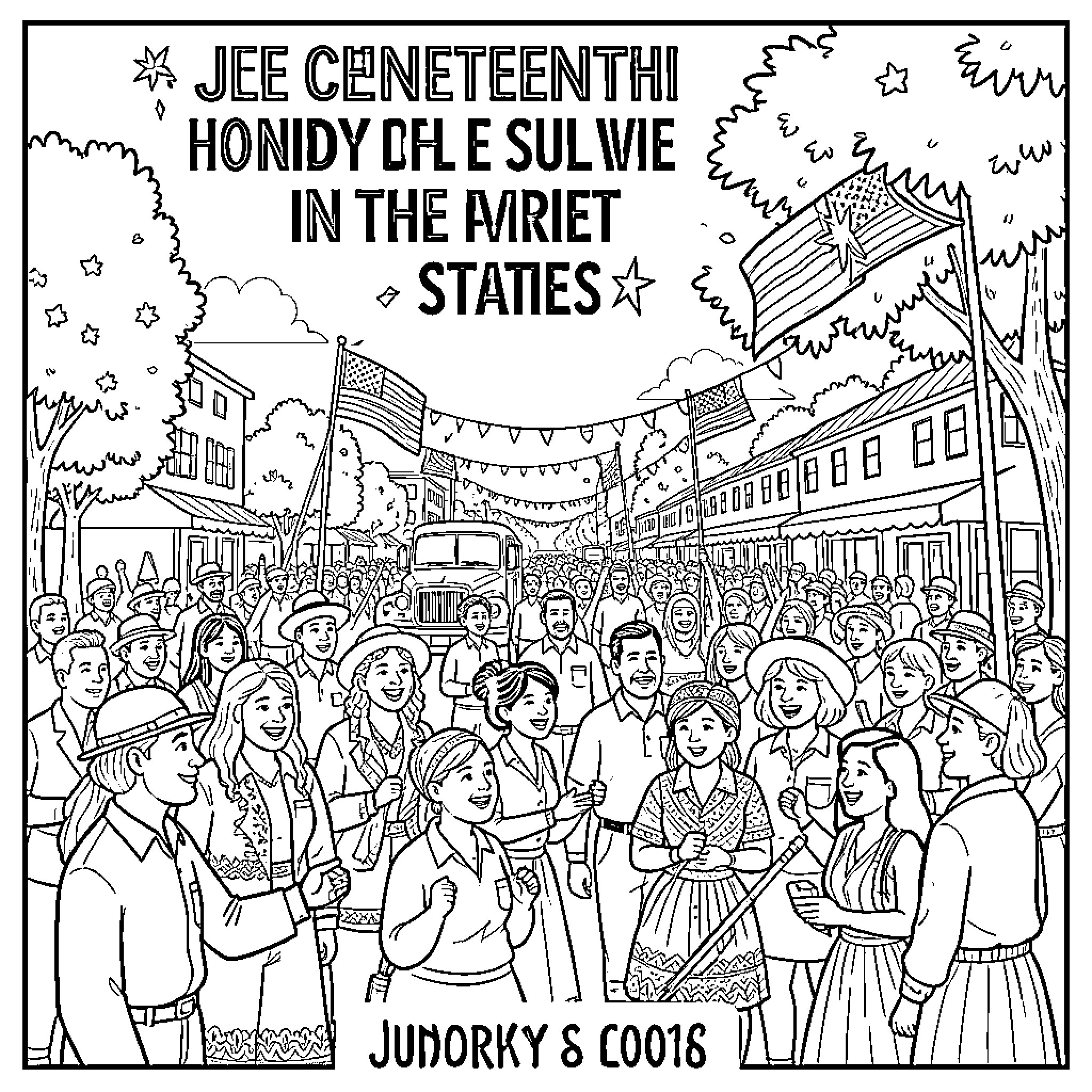Juneteenth celebration with a large crowd and flags Coloring Page (free black-and-white line drawing printable PDF for all, from beginners to advanced learners, including children, teens, adults, and seniors)