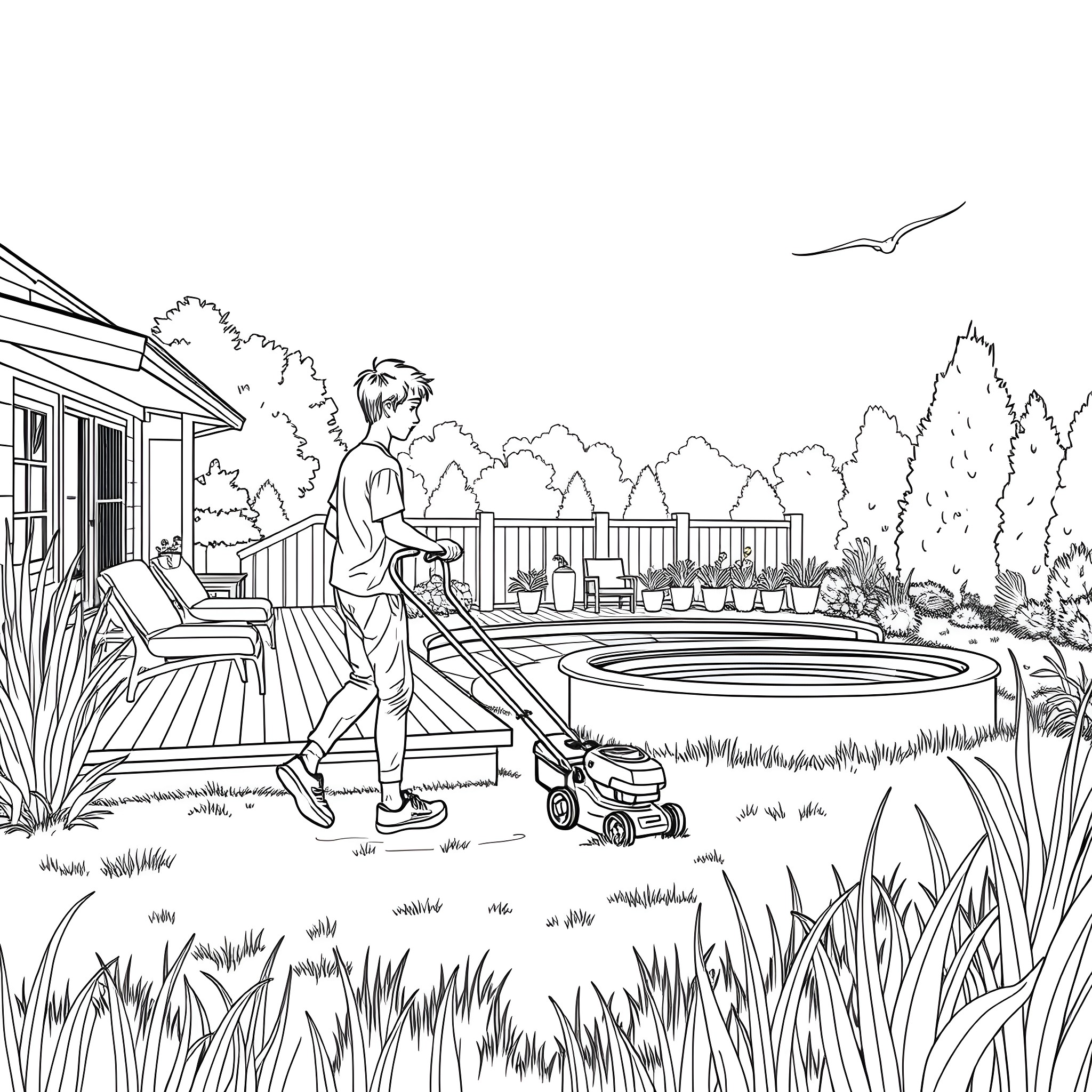 Teen Guy Mowing Lawn in Backyard with Pool Coloring Page (free black-and-white line drawing printable PDF for all, from beginners to advanced learners, including children, teens, adults, and seniors)