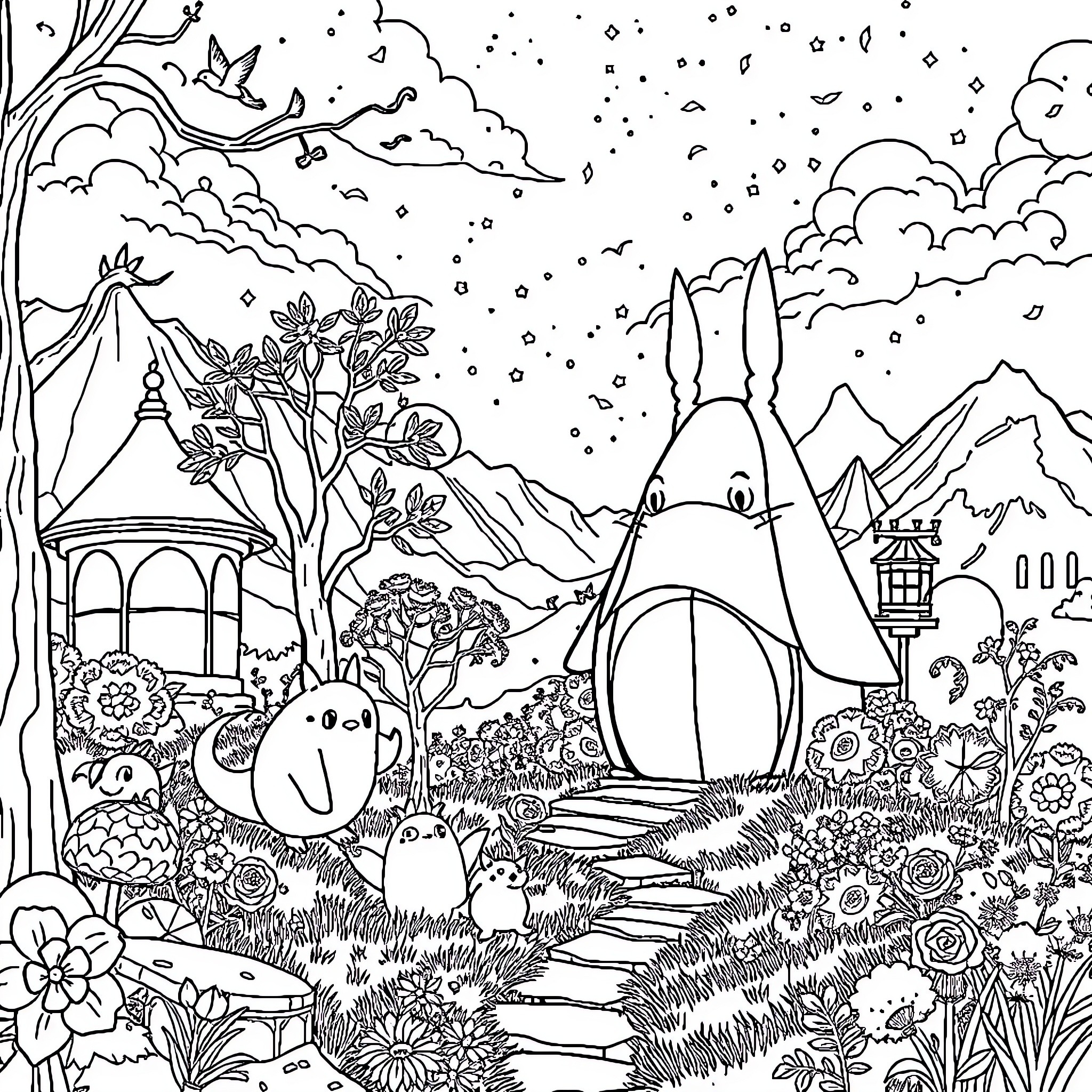 Studio Ghibli characters in a whimsical nature scene Coloring Page (free black-and-white line drawing printable PDF for all, from beginners to advanced learners, including children, teens, adults, and seniors)