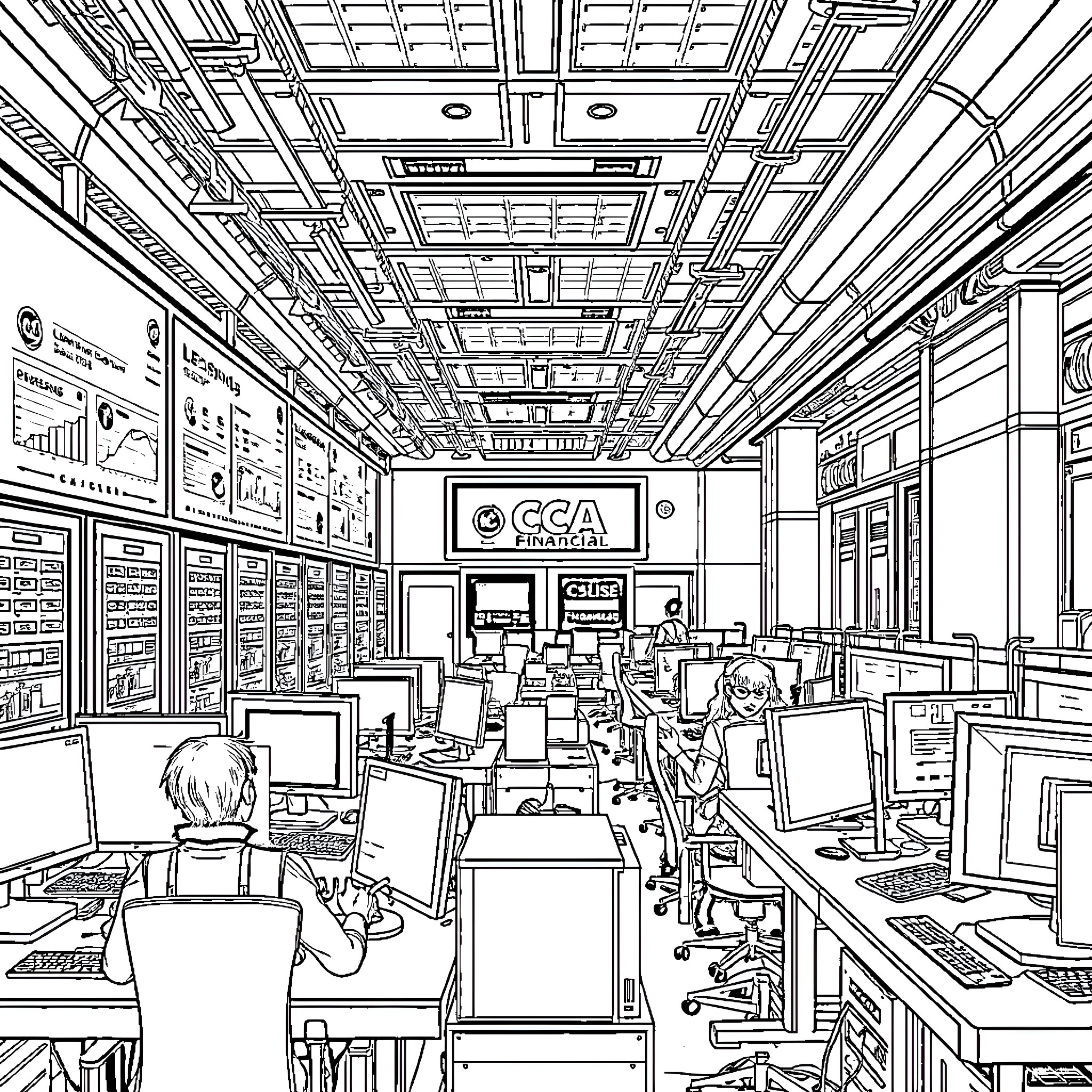 Headquarters of busy corporate workspace Coloring Page (free black-and-white line drawing printable PDF for all, from beginners to advanced learners, including children, teens, adults, and seniors)