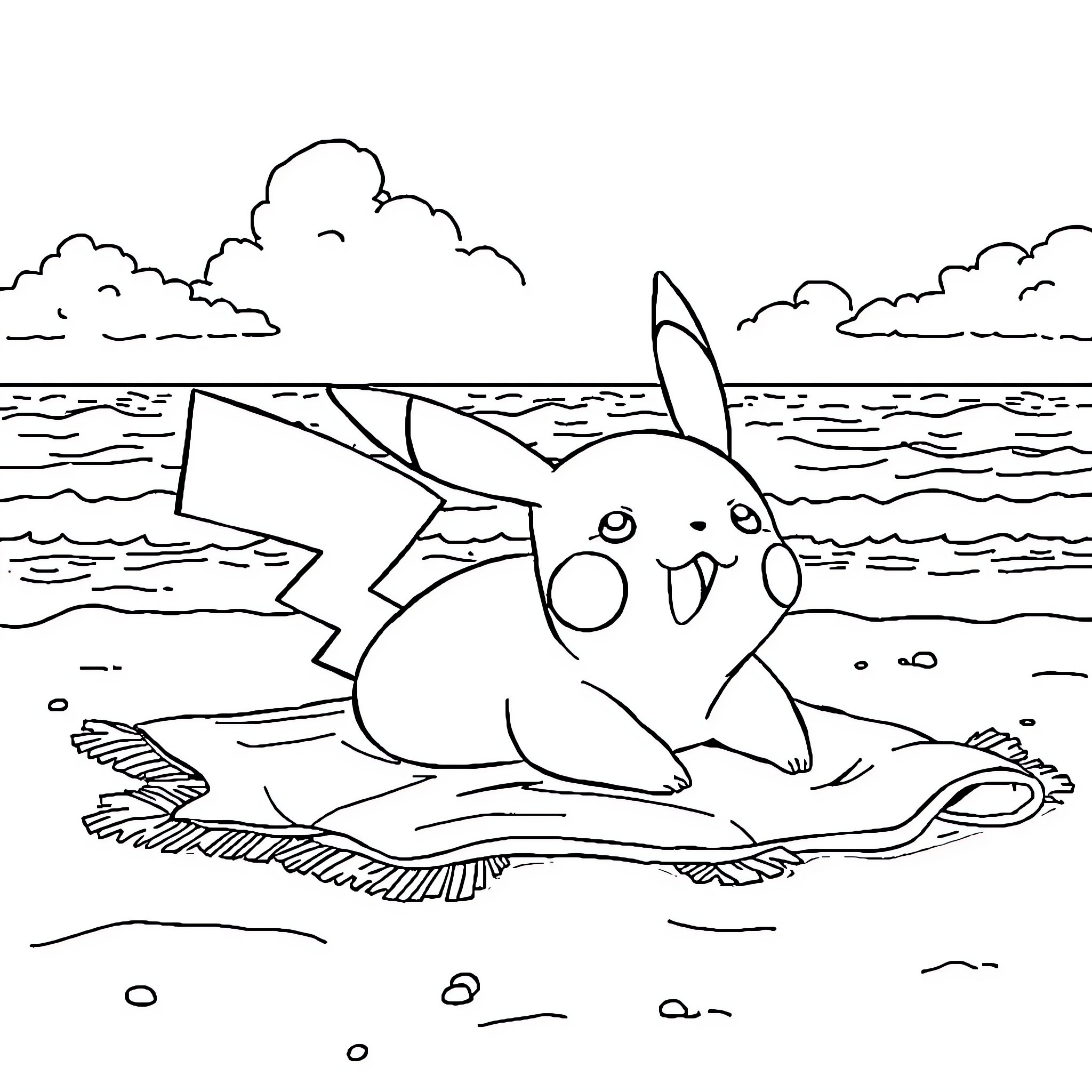 Pikachu relaxing on the beach Coloring Page (free black-and-white line drawing printable PDF for all, from beginners to advanced learners, including children, teens, adults, and seniors)