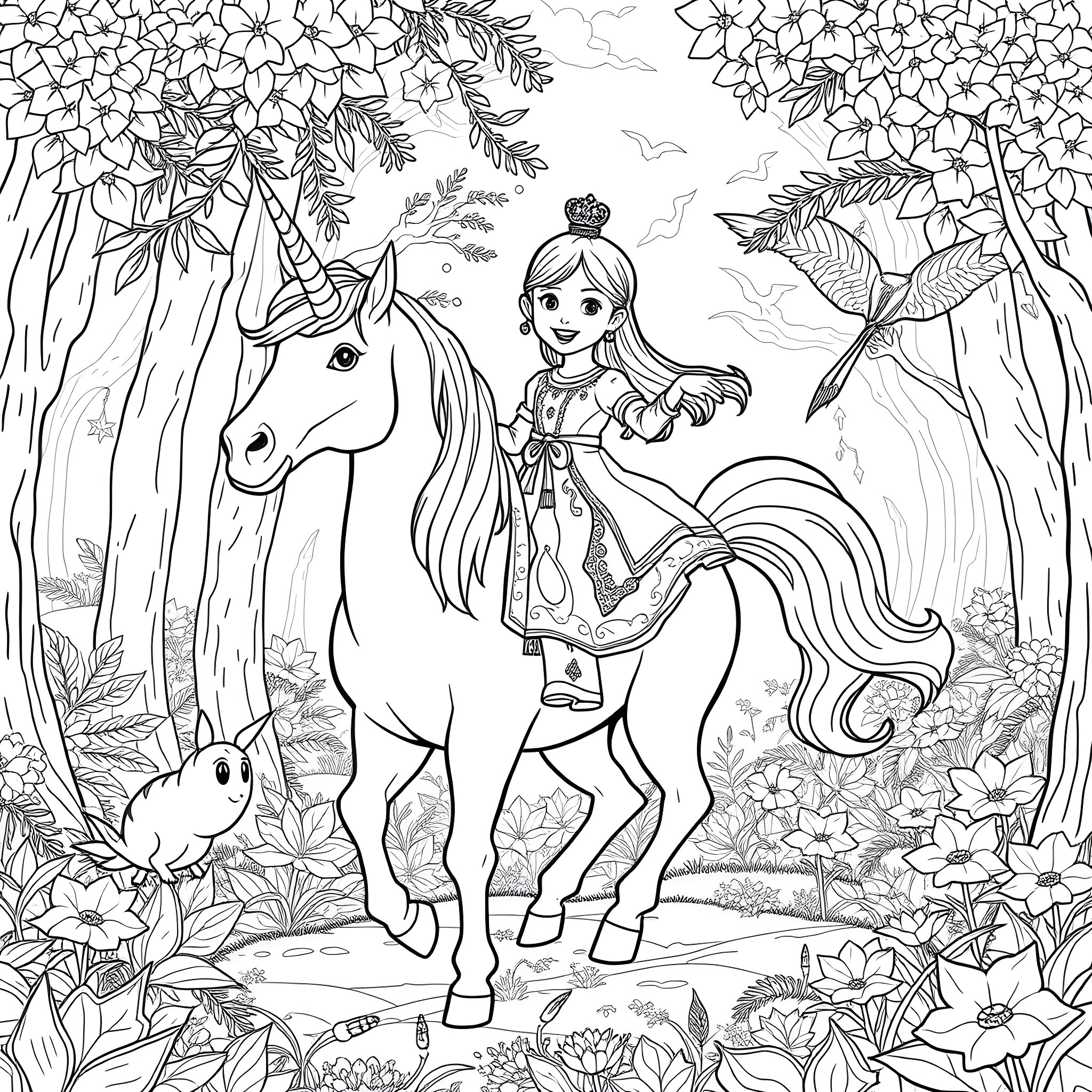 Princess Riding a Majestic Unicorn in a Fairy-Tale Forest Coloring Page (free black-and-white line drawing printable PDF for all, from beginners to advanced learners, including children, teens, adults, and seniors)