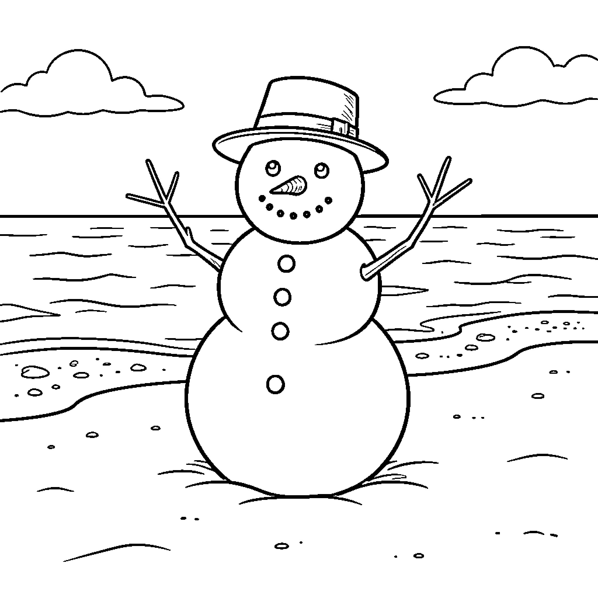 Snowman wearing a hat standing on a beach Coloring Page (free black-and-white line drawing printable PDF for all, from beginners to advanced learners, including children, teens, adults, and seniors)