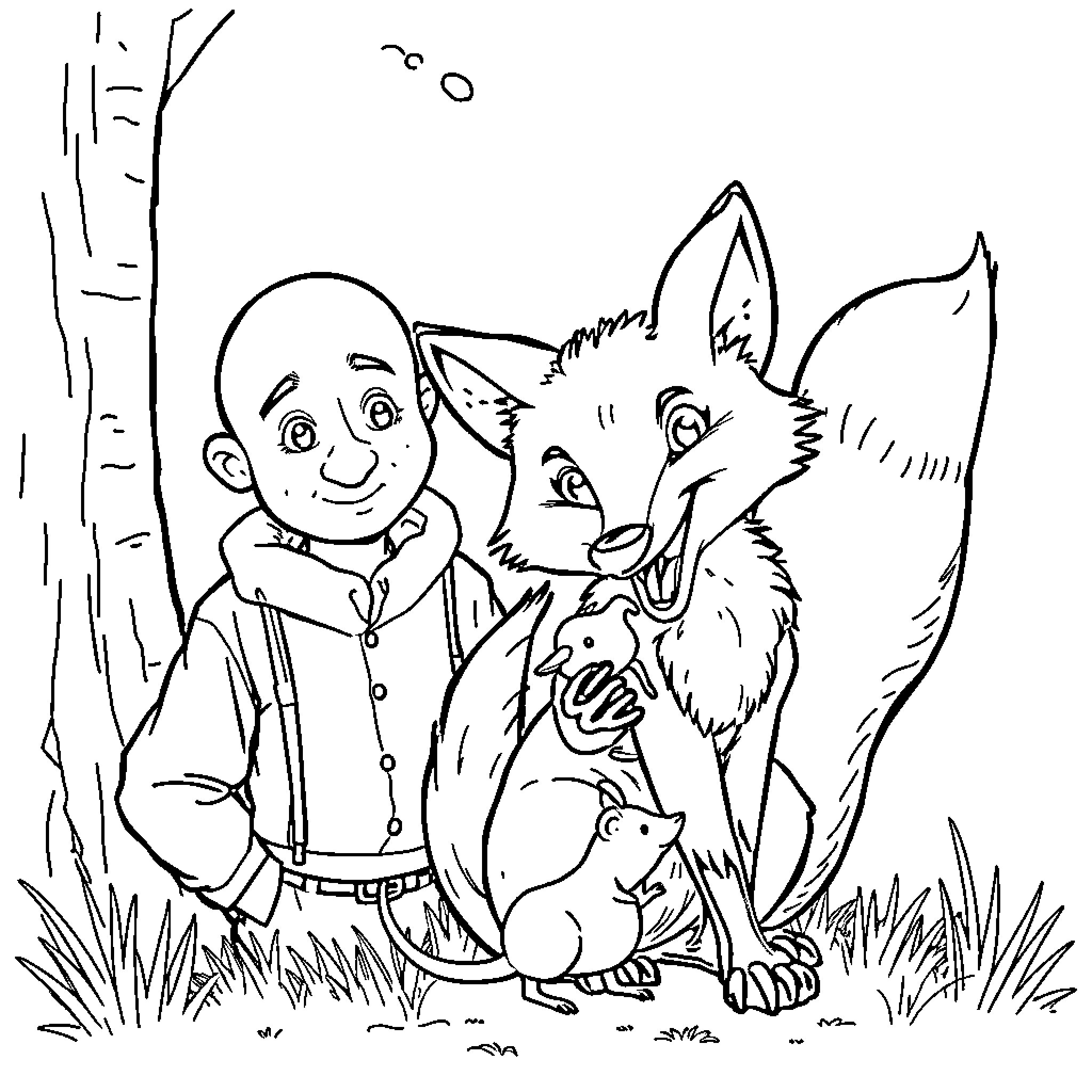 Man befriends friendly animals in the forest Coloring Page (free black-and-white line drawing printable PDF for all, from beginners to advanced learners, including children, teens, adults, and seniors)