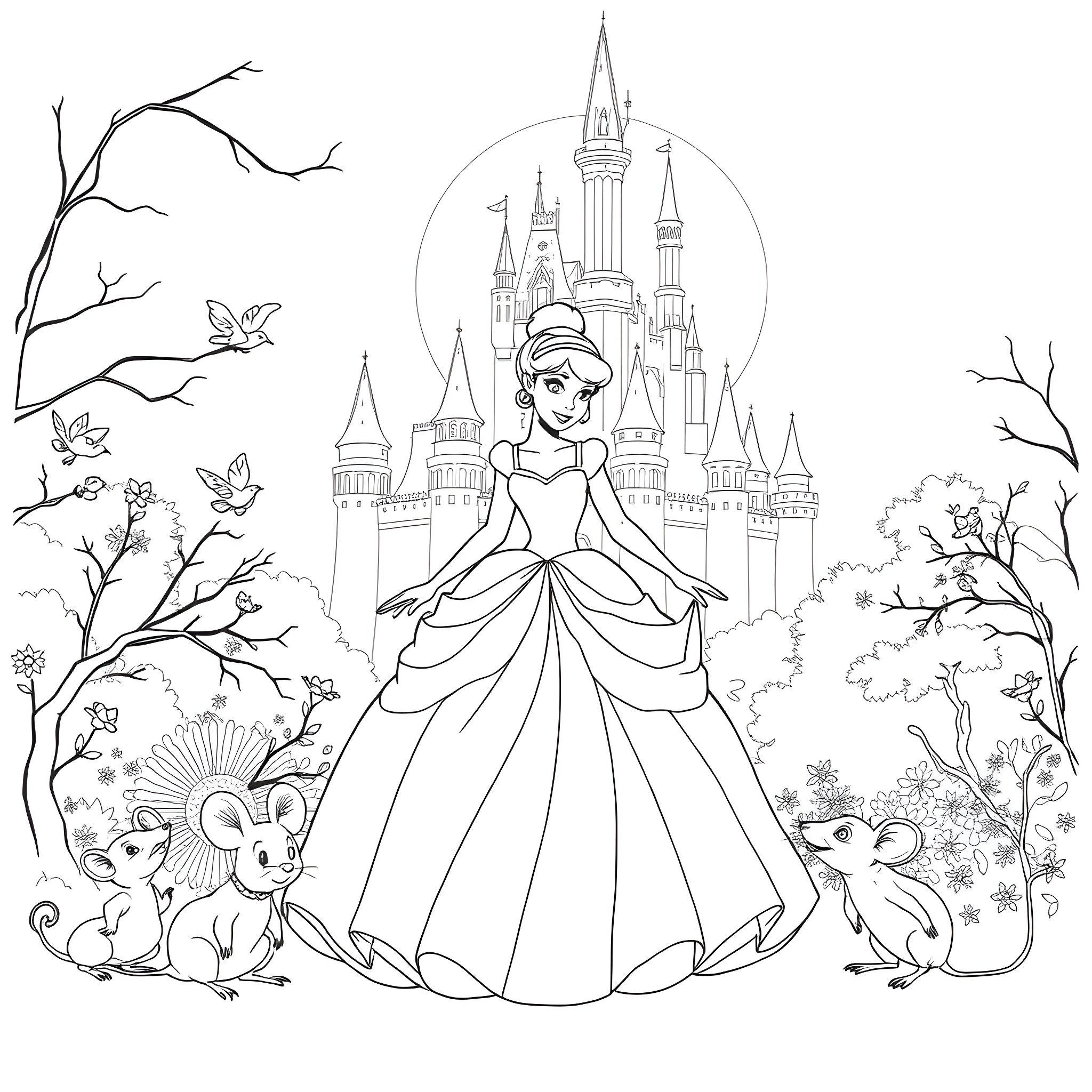 Cinderella's Enchanting Castle Adventure Coloring Page (free black-and-white line drawing printable PDF for all, from beginners to advanced learners, including children, teens, adults, and seniors)