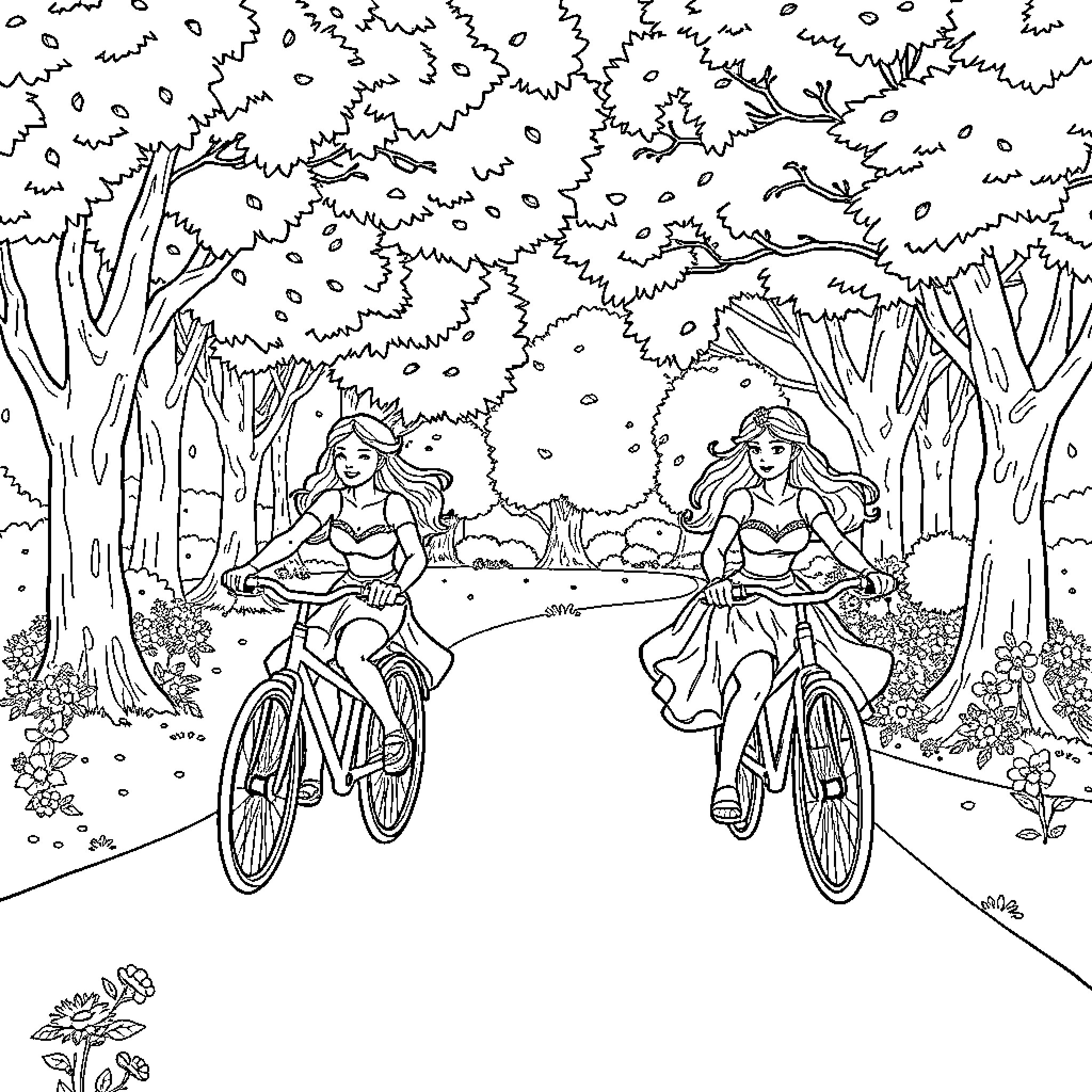 Princess Sisters Exploring the Enchanted Forest Coloring Page (free black-and-white line drawing printable PDF for all, from beginners to advanced learners, including children, teens, adults, and seniors)
