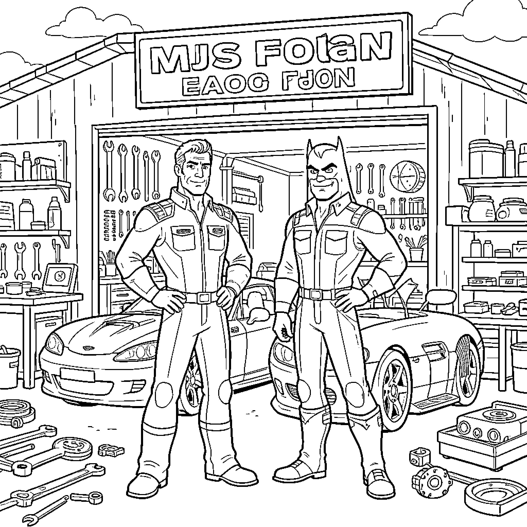 Martin standing proudly with fellow mechanic in front of cars Coloring Page (free black-and-white line drawing printable PDF for all, from beginners to advanced learners, including children, teens, adults, and seniors)