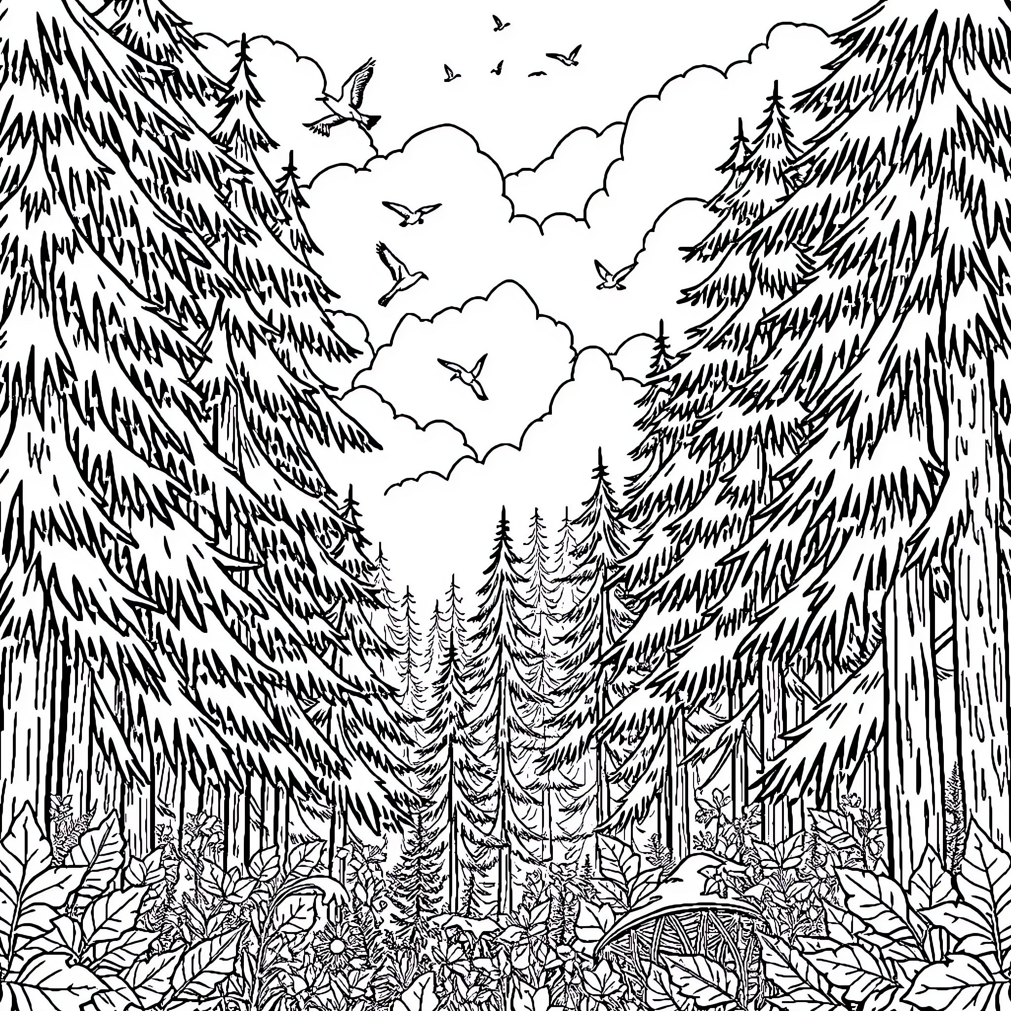 Adventure through the Enchanted Forest Coloring Page (free black-and-white line drawing printable PDF for all, from beginners to advanced learners, including children, teens, adults, and seniors)