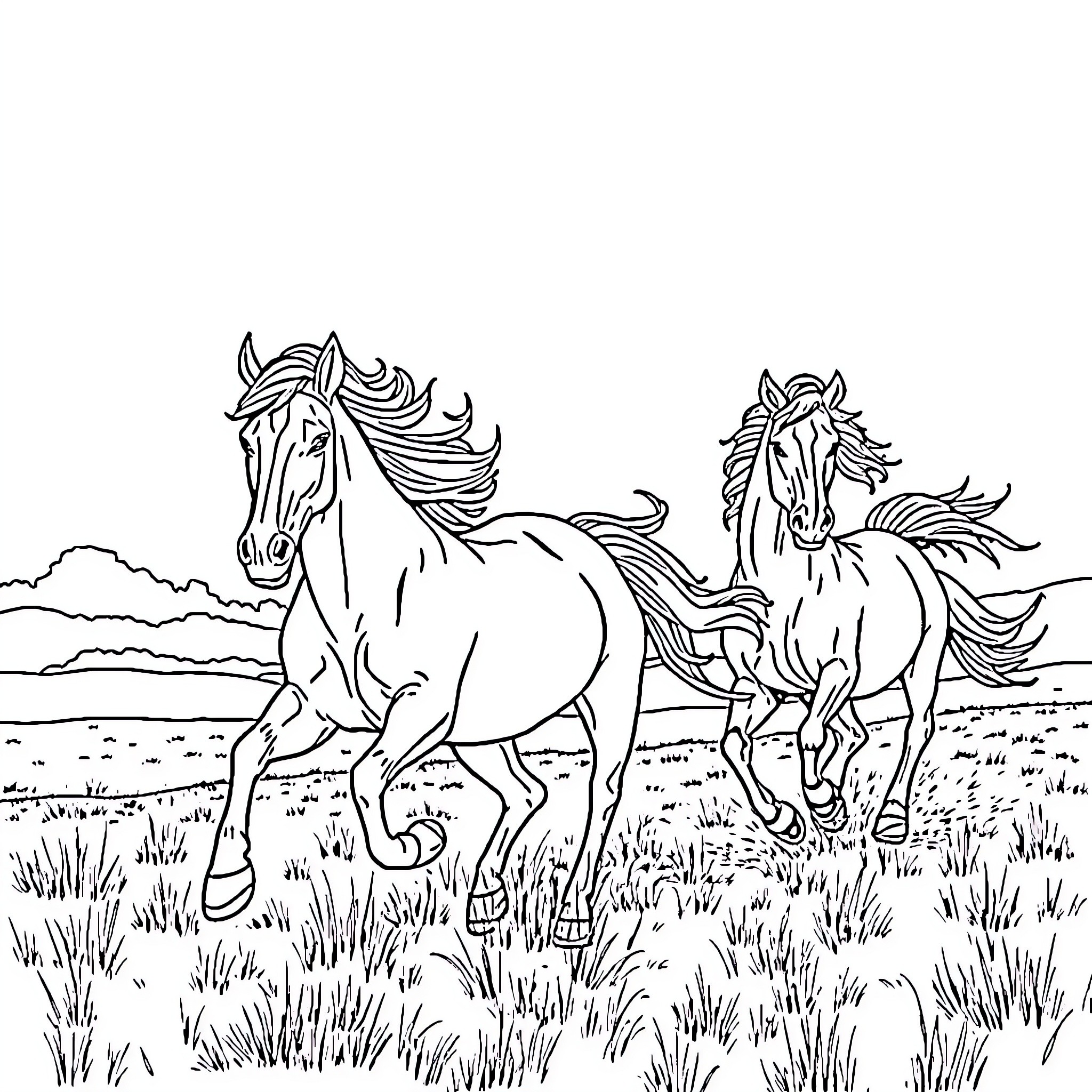 Horses galloping freely through the countryside Coloring Page (free black-and-white line drawing printable PDF for all, from beginners to advanced learners, including children, teens, adults, and seniors)