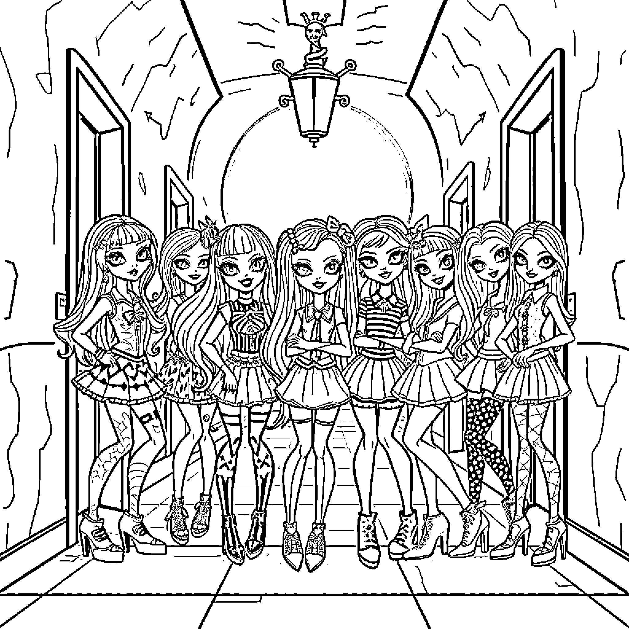 Monster High Ghouls in Fashionable Outfits Coloring Page (free black-and-white line drawing printable PDF for all, from beginners to advanced learners, including children, teens, adults, and seniors)