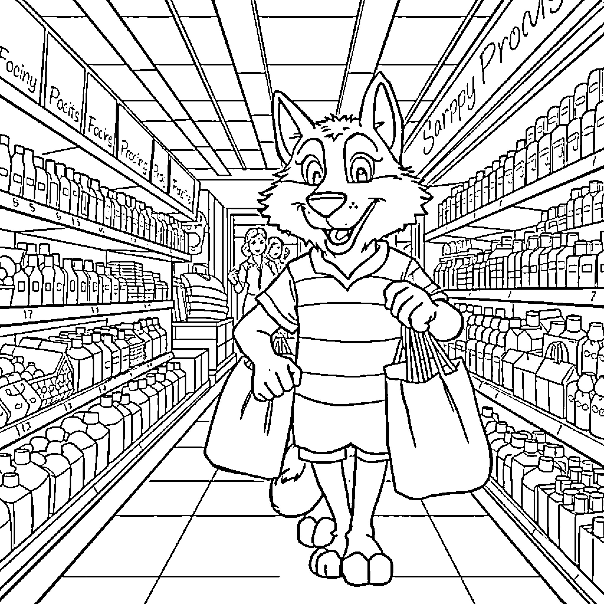Wolf shopping happily in a grocery store aisle Coloring Page (free black-and-white line drawing printable PDF for all, from beginners to advanced learners, including children, teens, adults, and seniors)