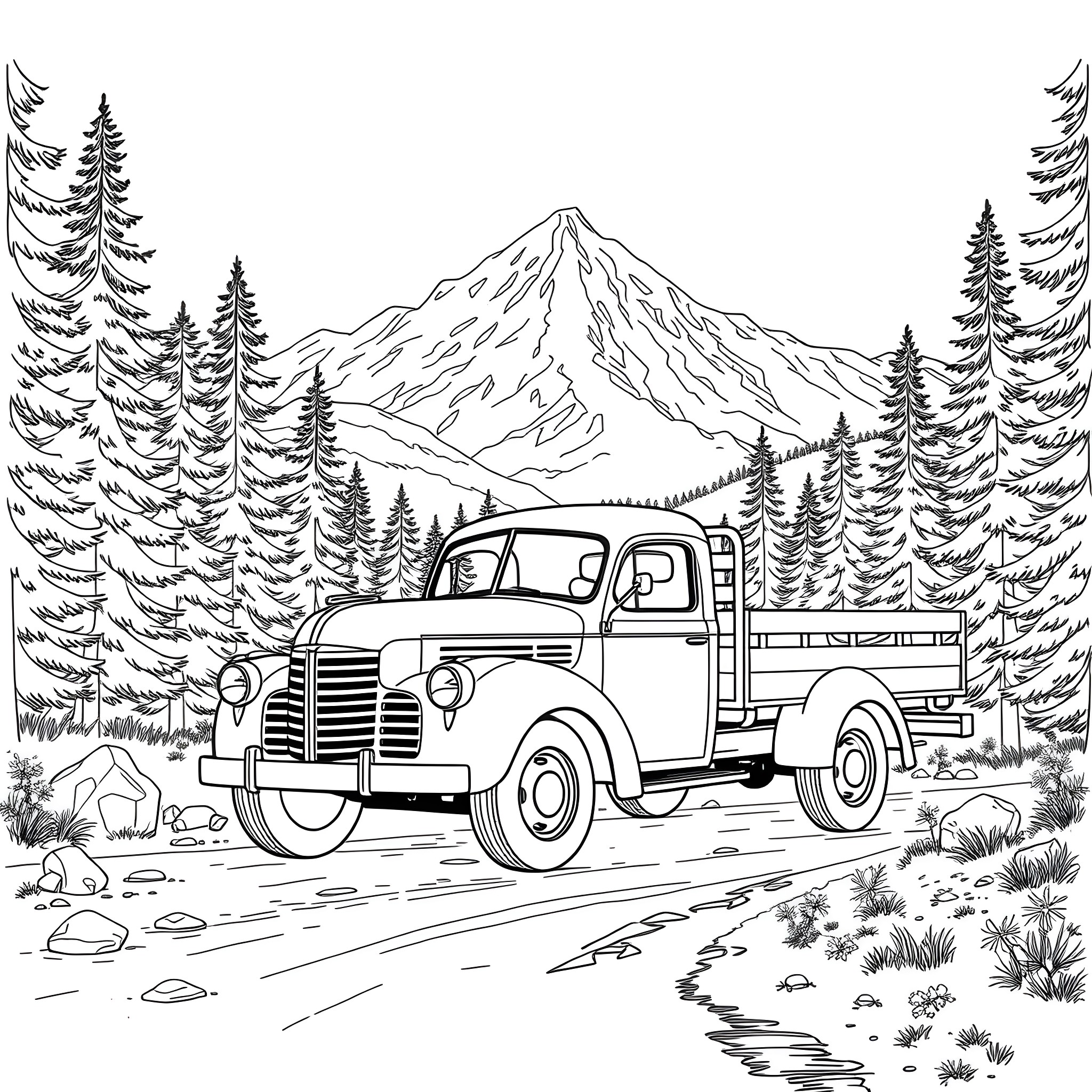 Flatbed truck traversing a winding mountain road Coloring Page (free black-and-white line drawing printable PDF for all, from beginners to advanced learners, including children, teens, adults, and seniors)