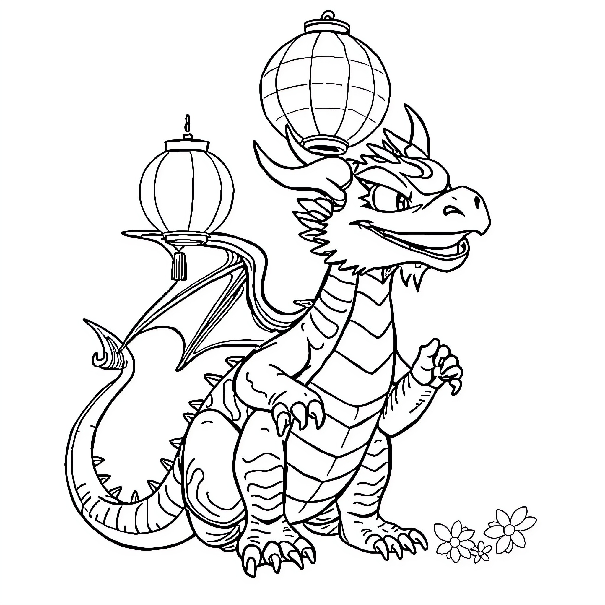 Dragon holding lanterns and flowers in a playful pose Coloring Page (free black-and-white line drawing printable PDF for all, from beginners to advanced learners, including children, teens, adults, and seniors)