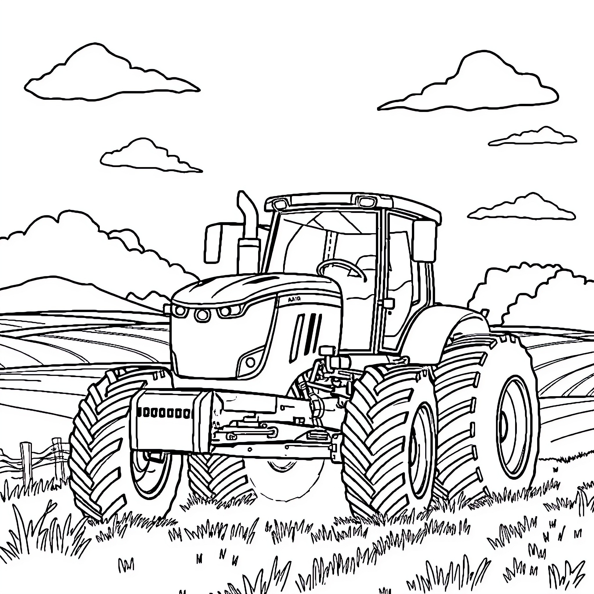 Tractor working in the countryside landscape Coloring Page (free black-and-white line drawing printable PDF for all, from beginners to advanced learners, including children, teens, adults, and seniors)